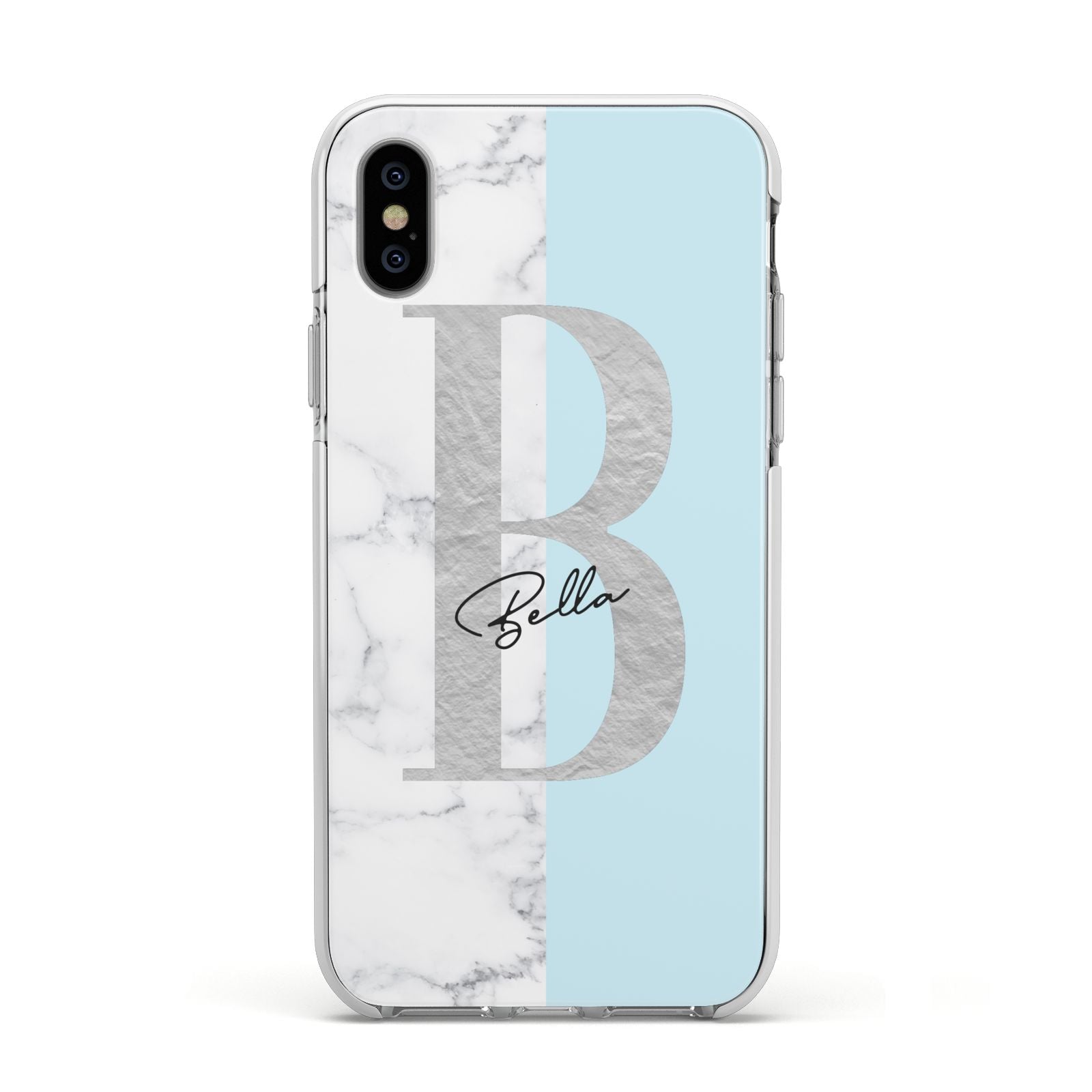 Personalised Chrome Marble Apple iPhone Xs Impact Case White Edge on Silver Phone