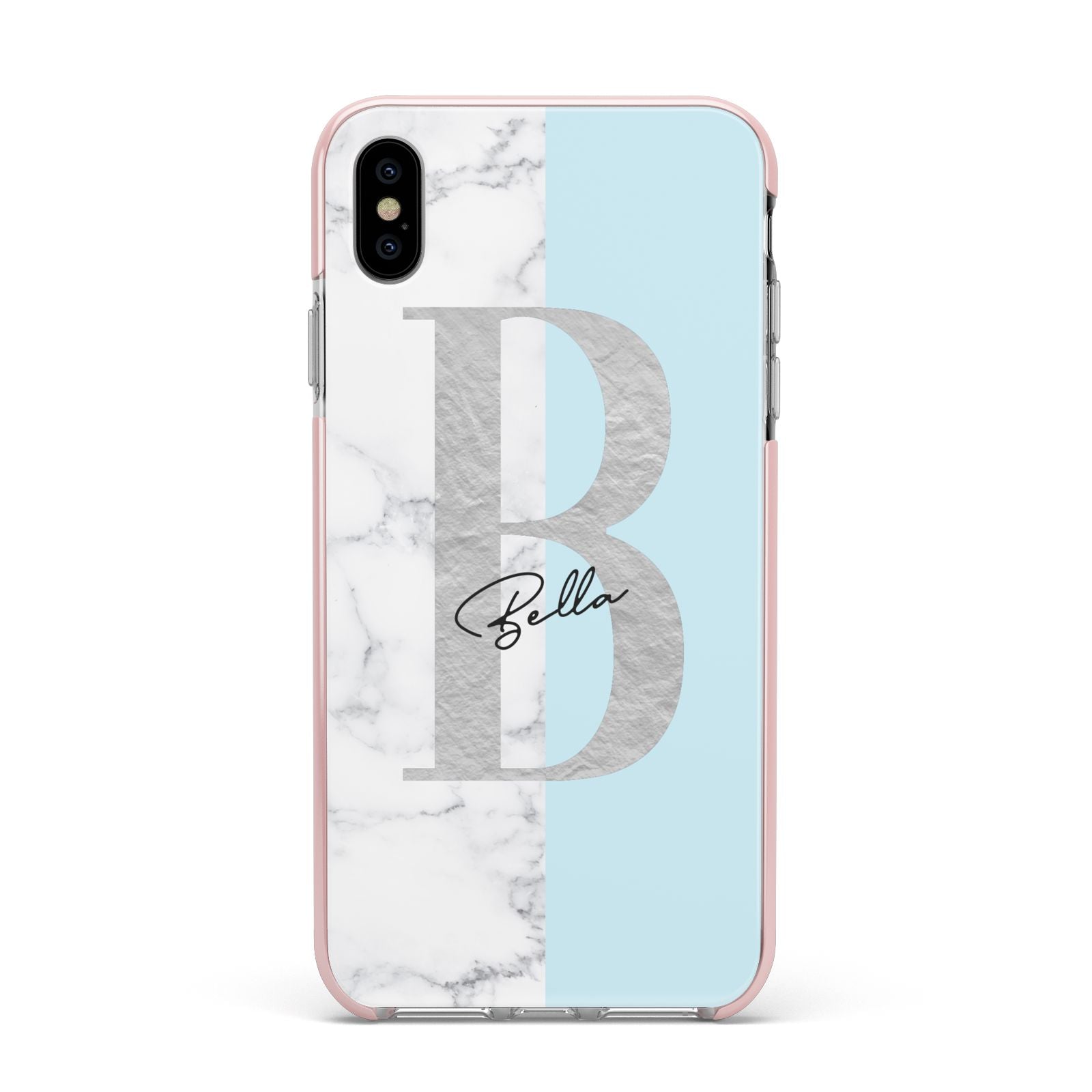 Personalised Chrome Marble Apple iPhone Xs Max Impact Case Pink Edge on Silver Phone