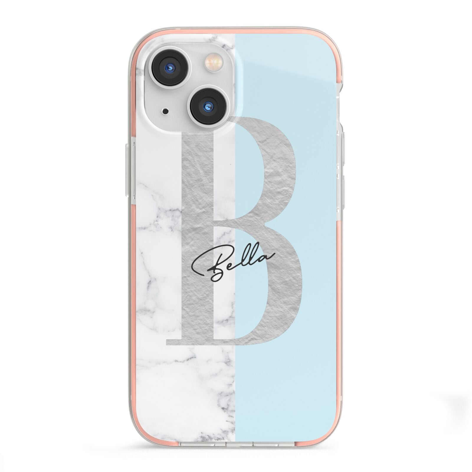 Personalised Chrome Marble iPhone 13 Mini TPU Impact Case with Pink Edges