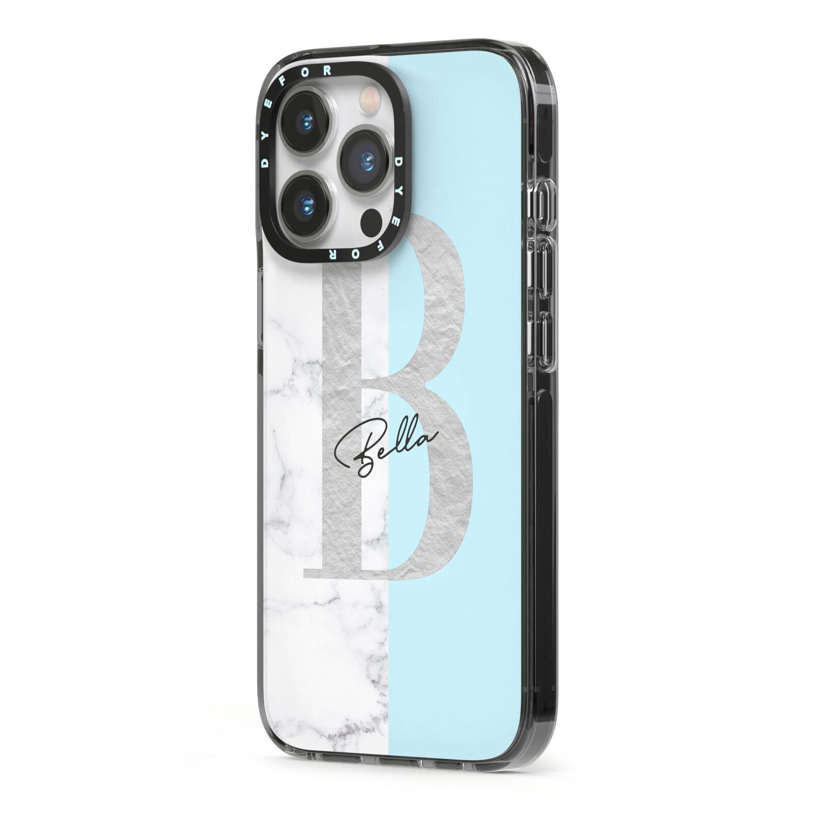 Personalised Chrome Marble iPhone 13 Pro Black Impact Case Side Angle on Silver phone