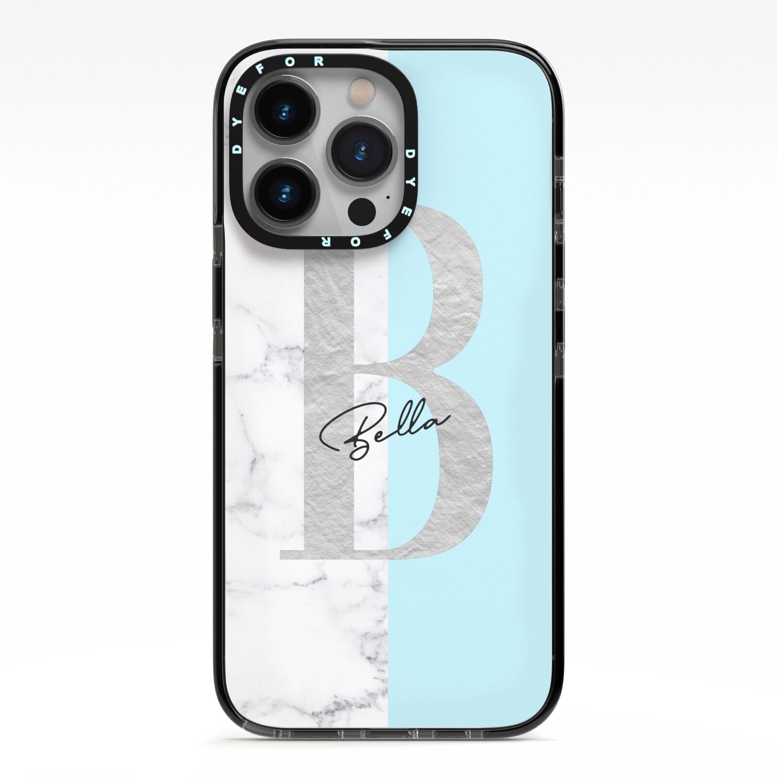 Personalised Chrome Marble iPhone 13 Pro Black Impact Case on Silver phone