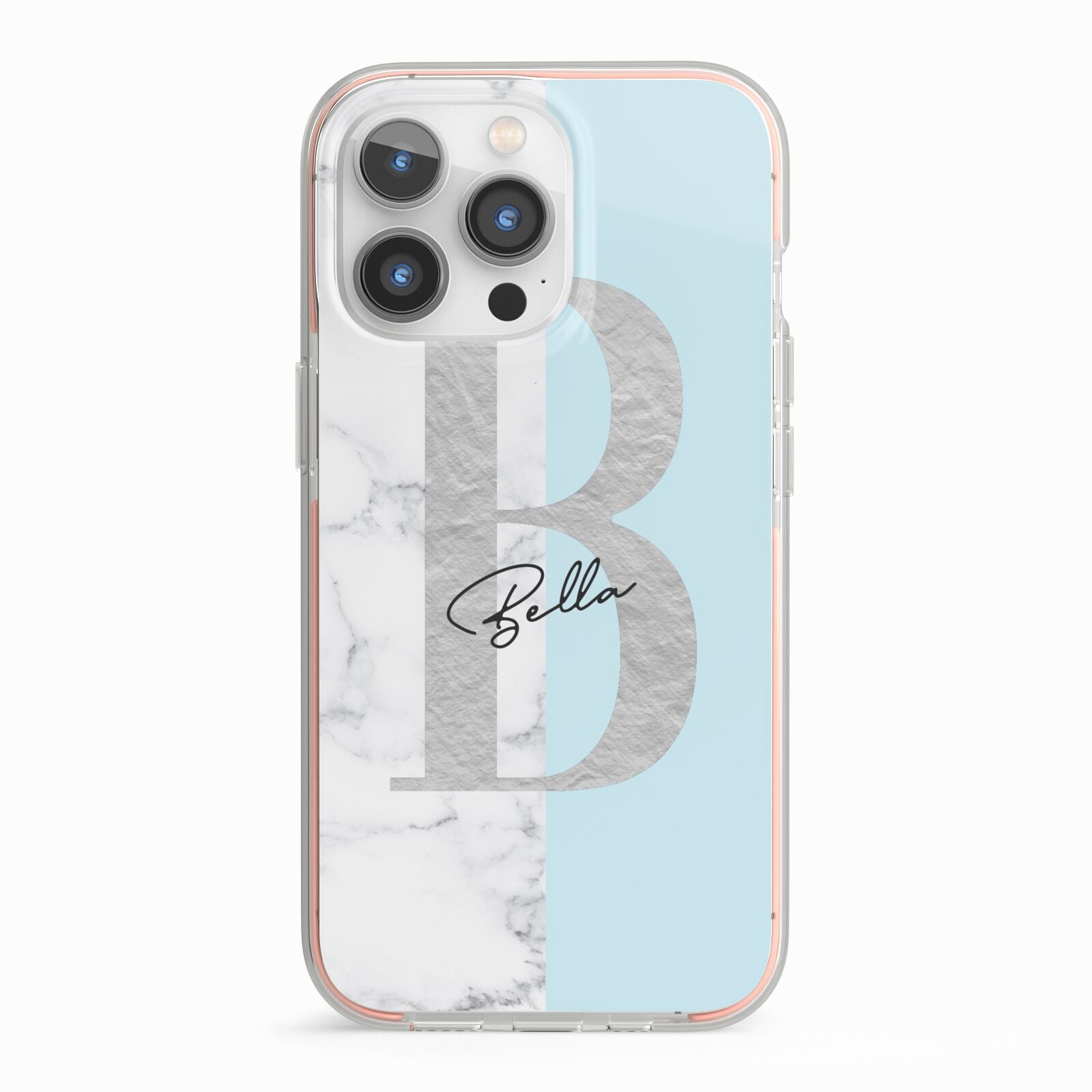 Personalised Chrome Marble iPhone 13 Pro TPU Impact Case with Pink Edges