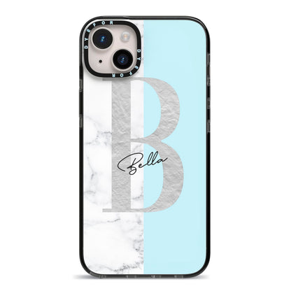 Personalised Chrome Marble iPhone 14 Plus Black Impact Case on Silver phone