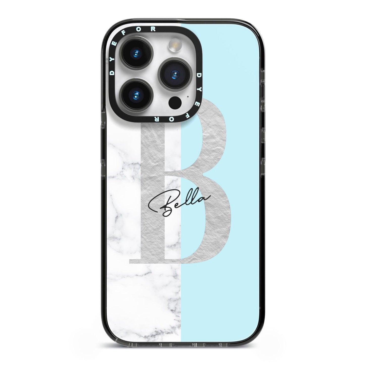 Personalised Chrome Marble iPhone 14 Pro Black Impact Case on Silver phone