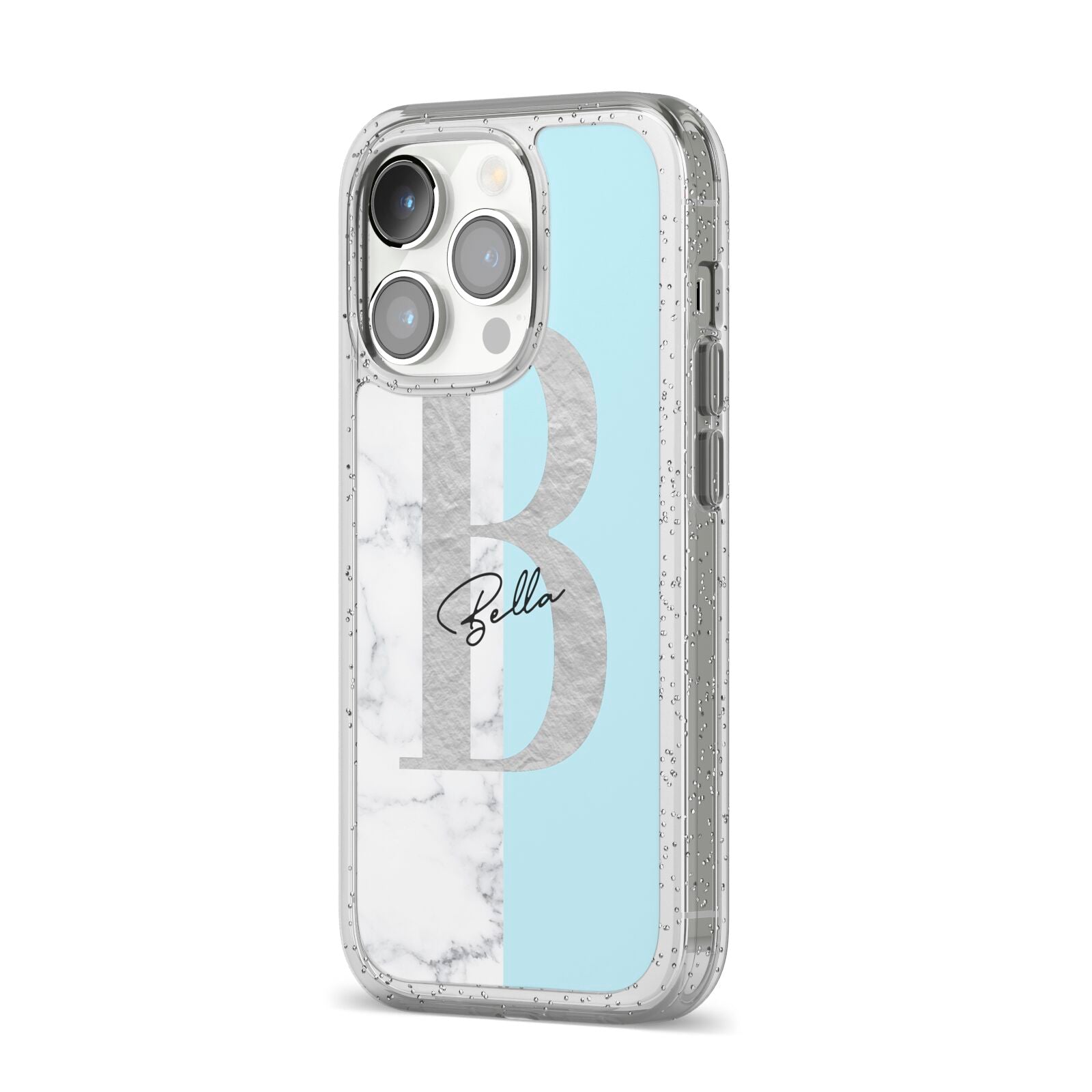 Personalised Chrome Marble iPhone 14 Pro Glitter Tough Case Silver Angled Image