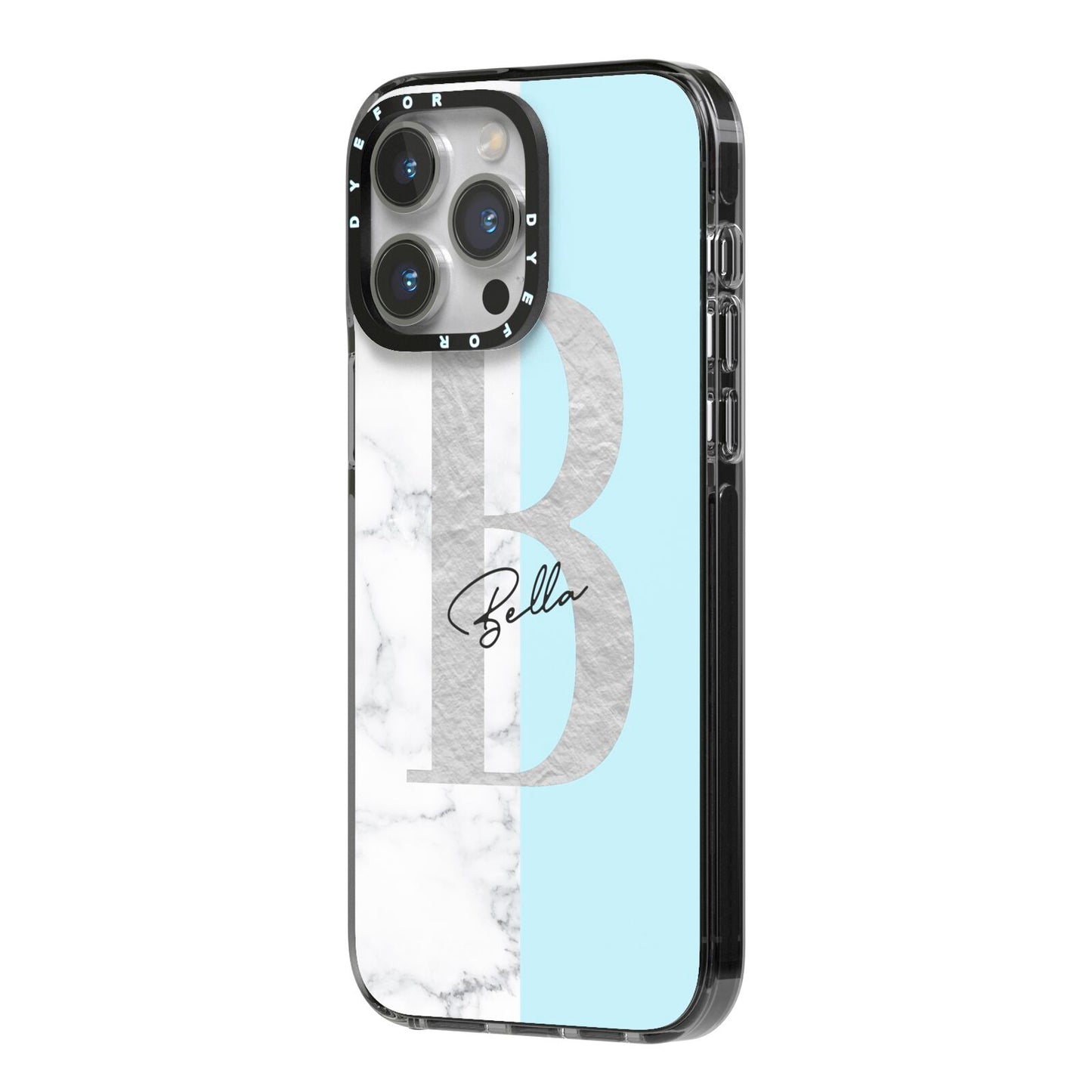 Personalised Chrome Marble iPhone 14 Pro Max Black Impact Case Side Angle on Silver phone