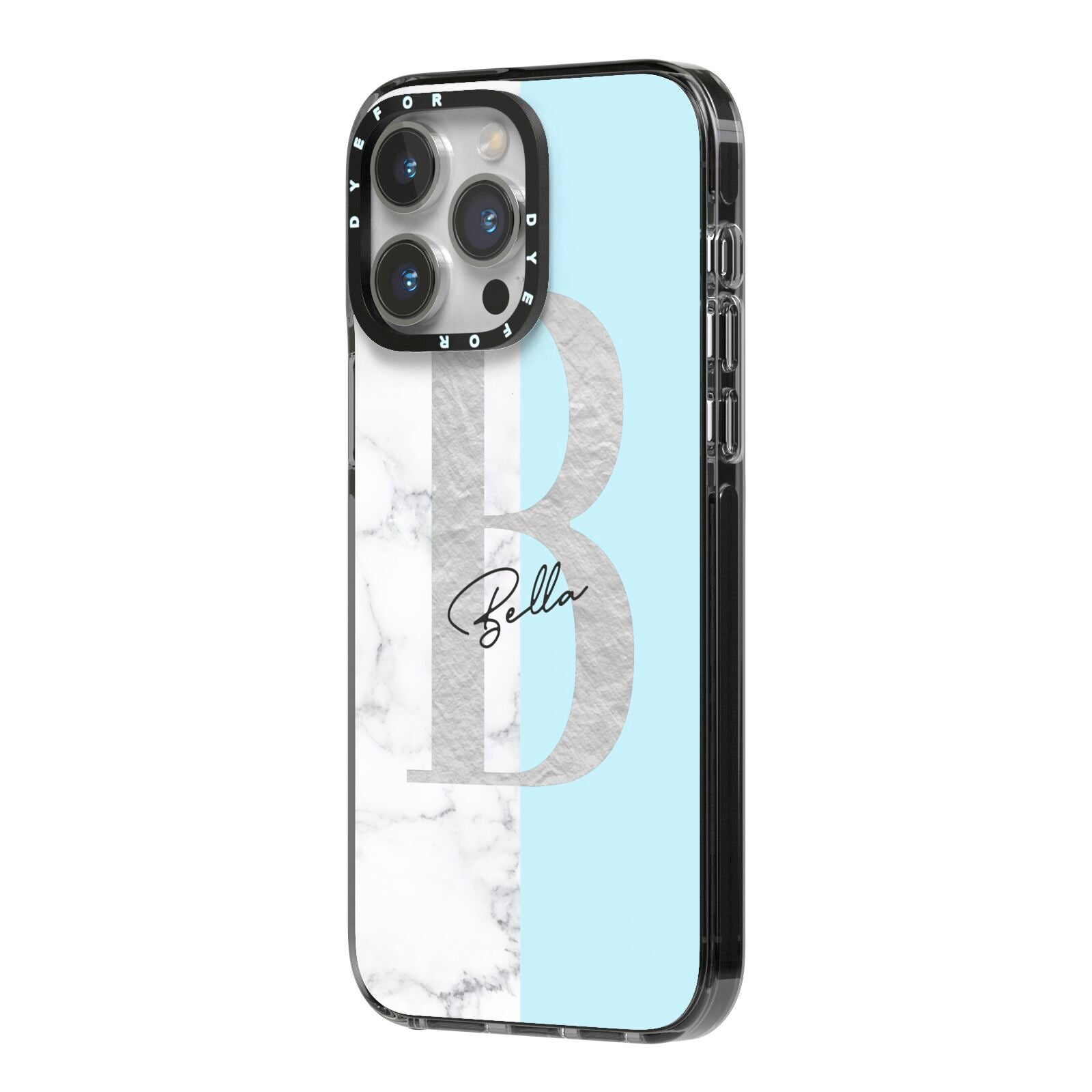 Personalised Chrome Marble iPhone 14 Pro Max Black Impact Case Side Angle on Silver phone