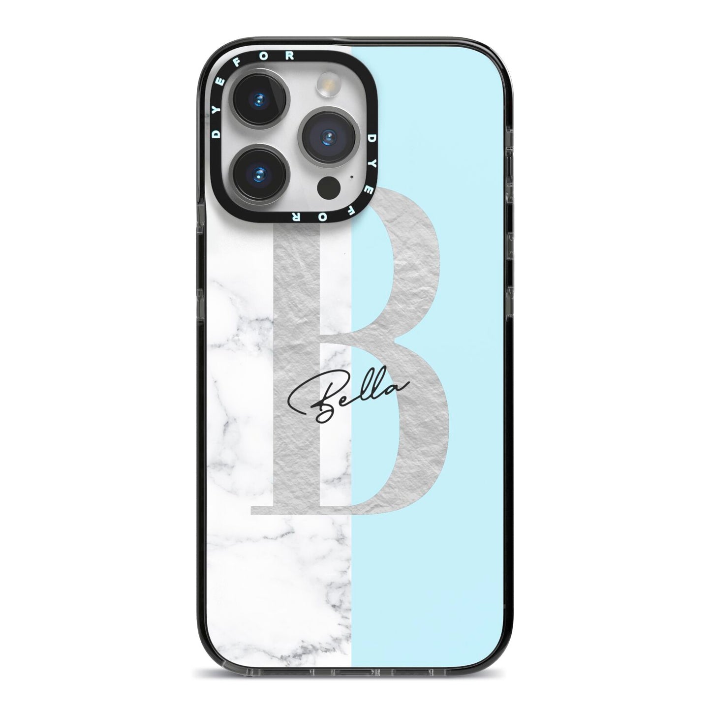 Personalised Chrome Marble iPhone 14 Pro Max Black Impact Case on Silver phone