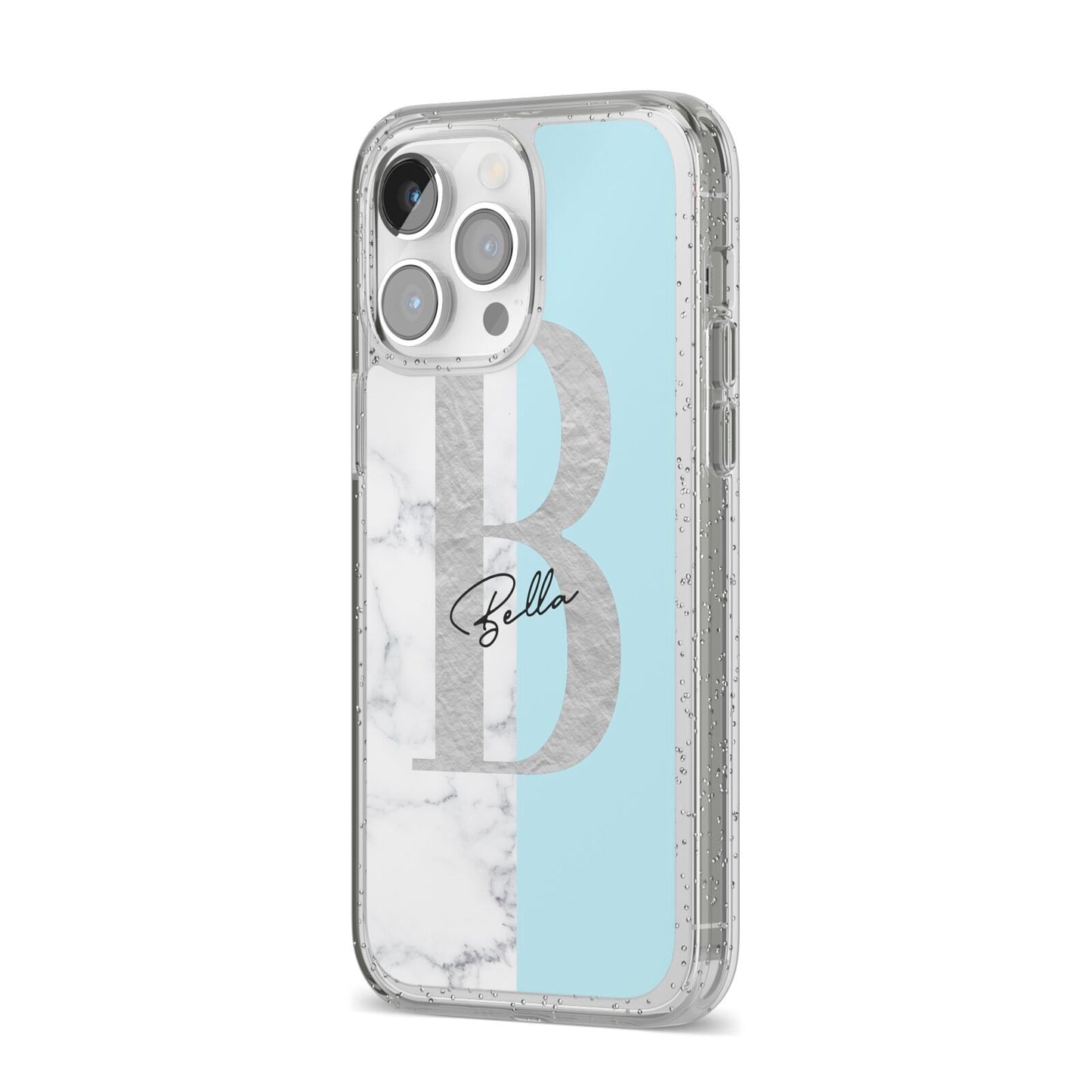 Personalised Chrome Marble iPhone 14 Pro Max Glitter Tough Case Silver Angled Image