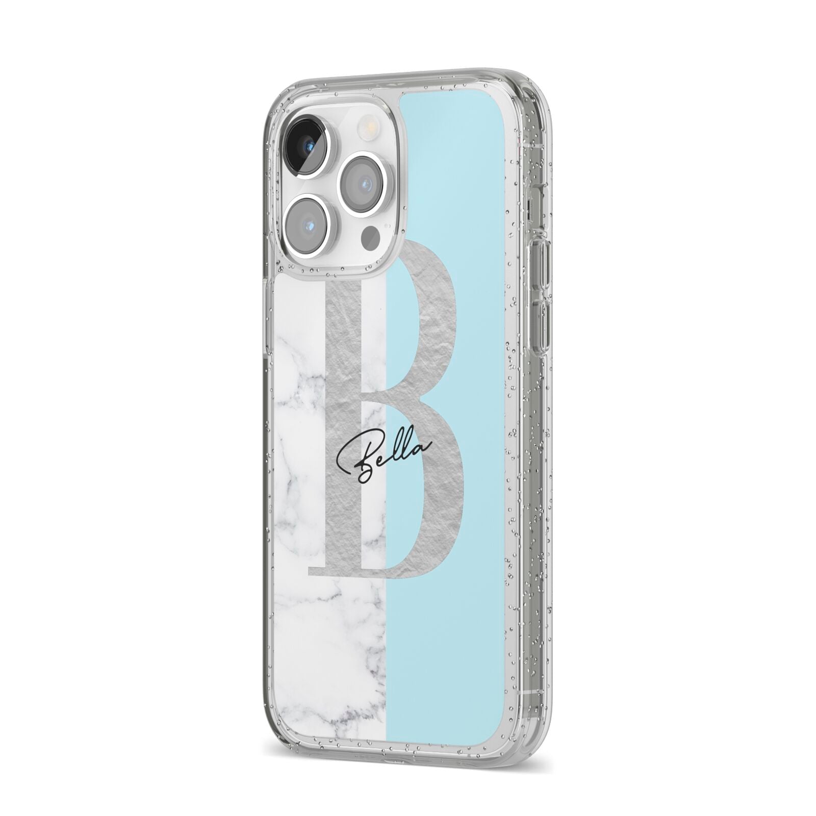 Personalised Chrome Marble iPhone 14 Pro Max Glitter Tough Case Silver Angled Image