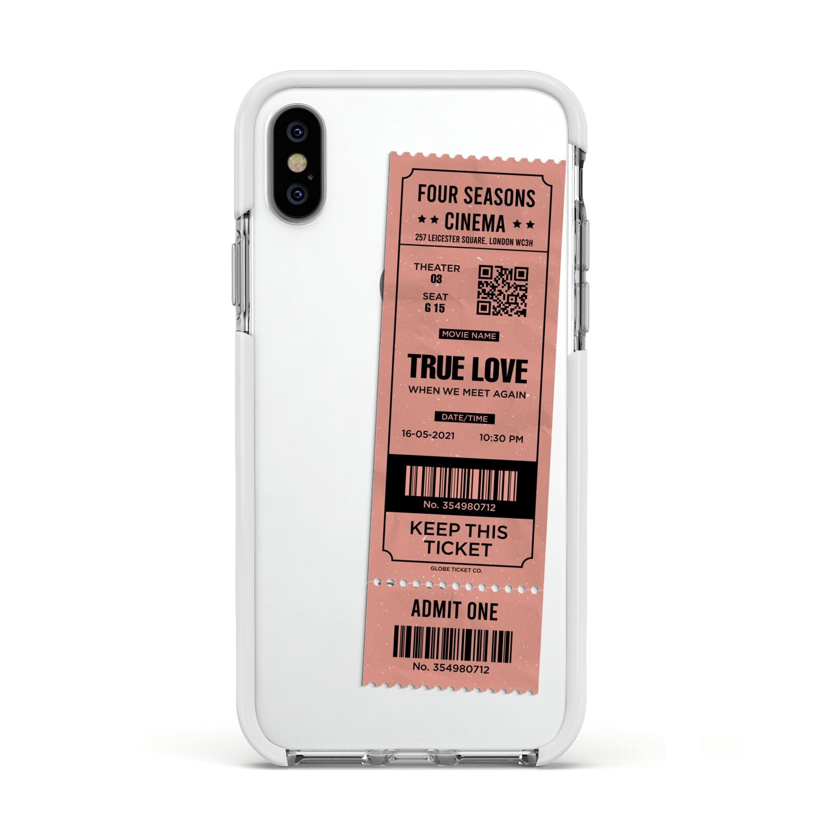 Personalised Cinema Ticket Apple iPhone Xs Impact Case White Edge on Silver Phone