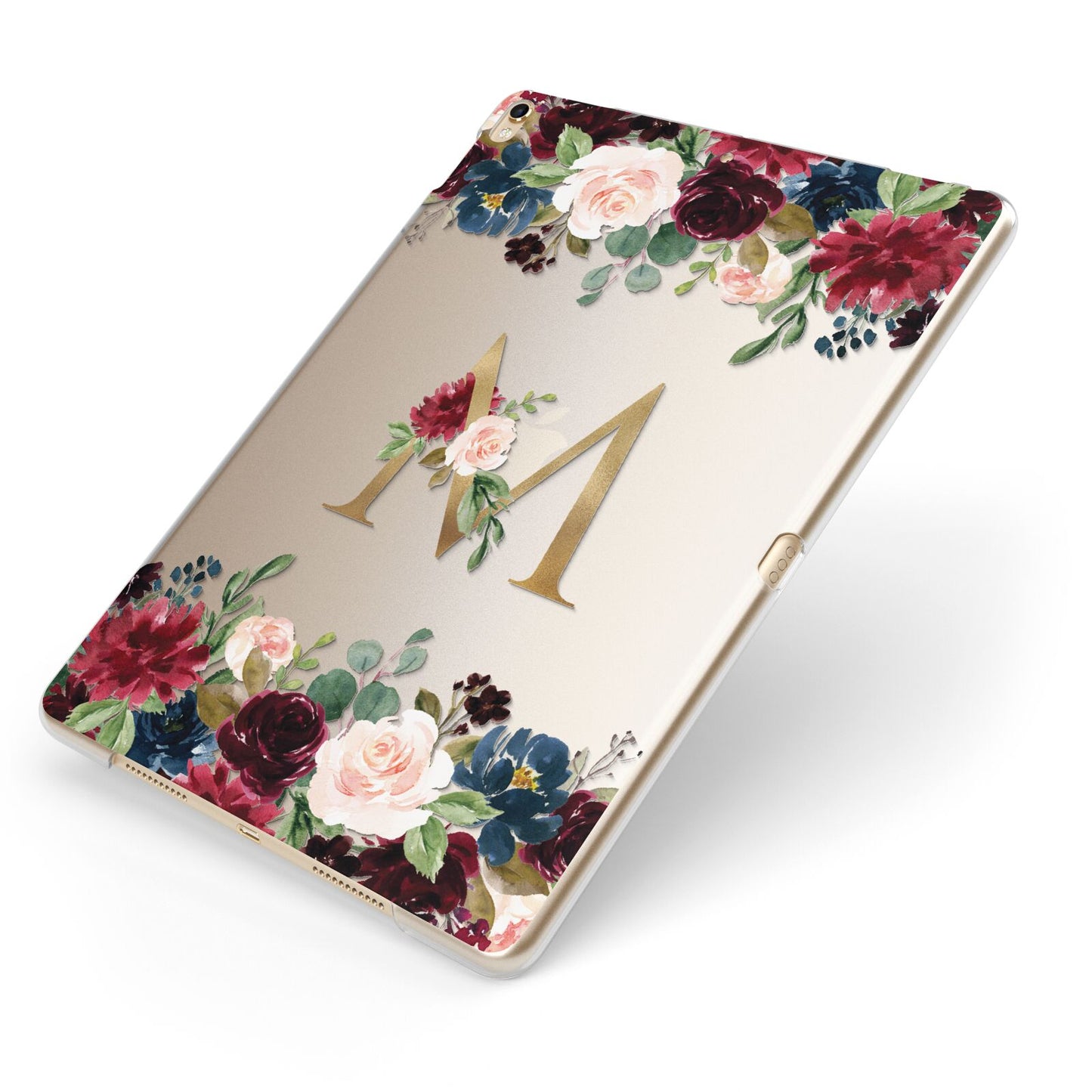 Personalised Clear Monogram Floral Apple iPad Case on Gold iPad Side View