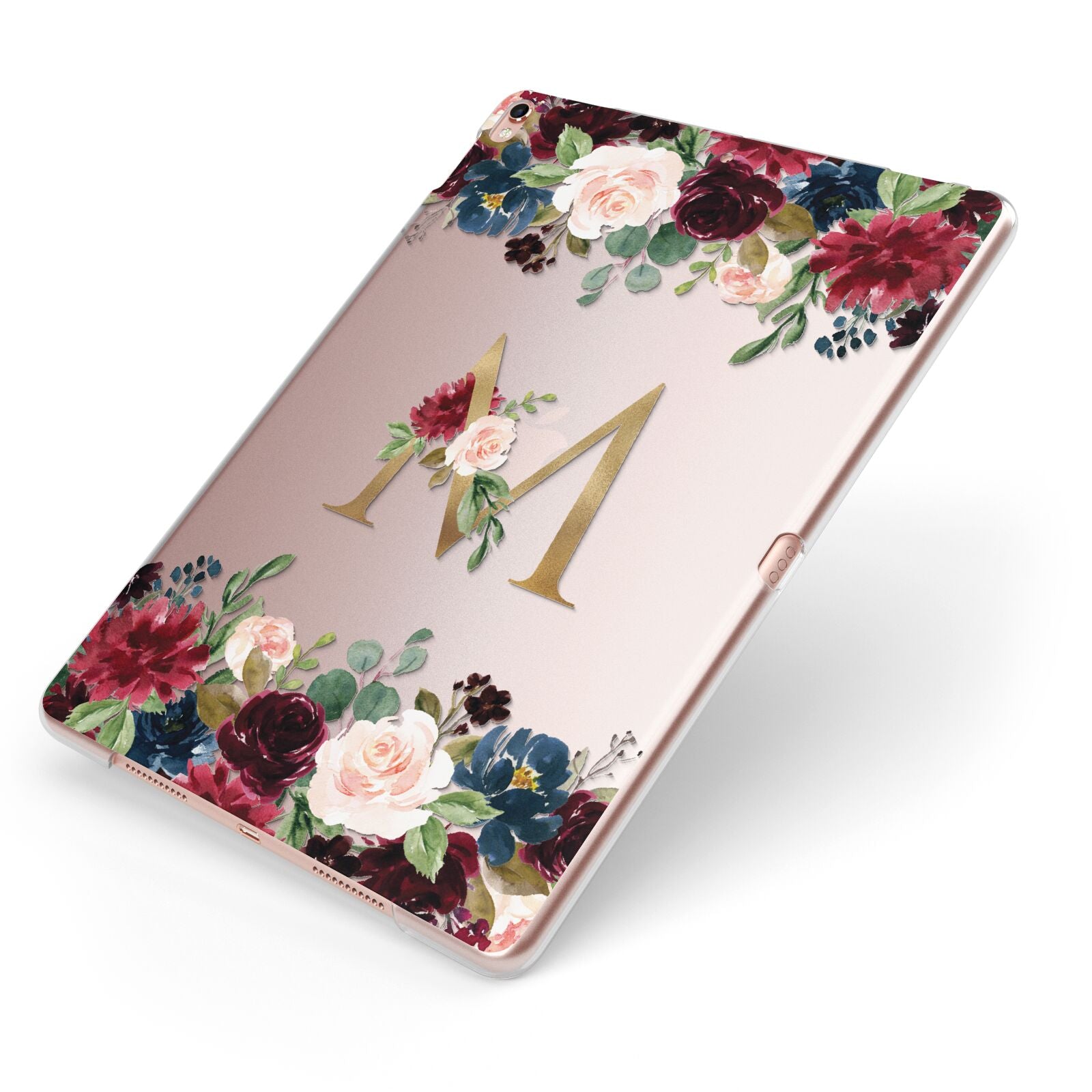 Personalised Clear Monogram Floral Apple iPad Case on Rose Gold iPad Side View