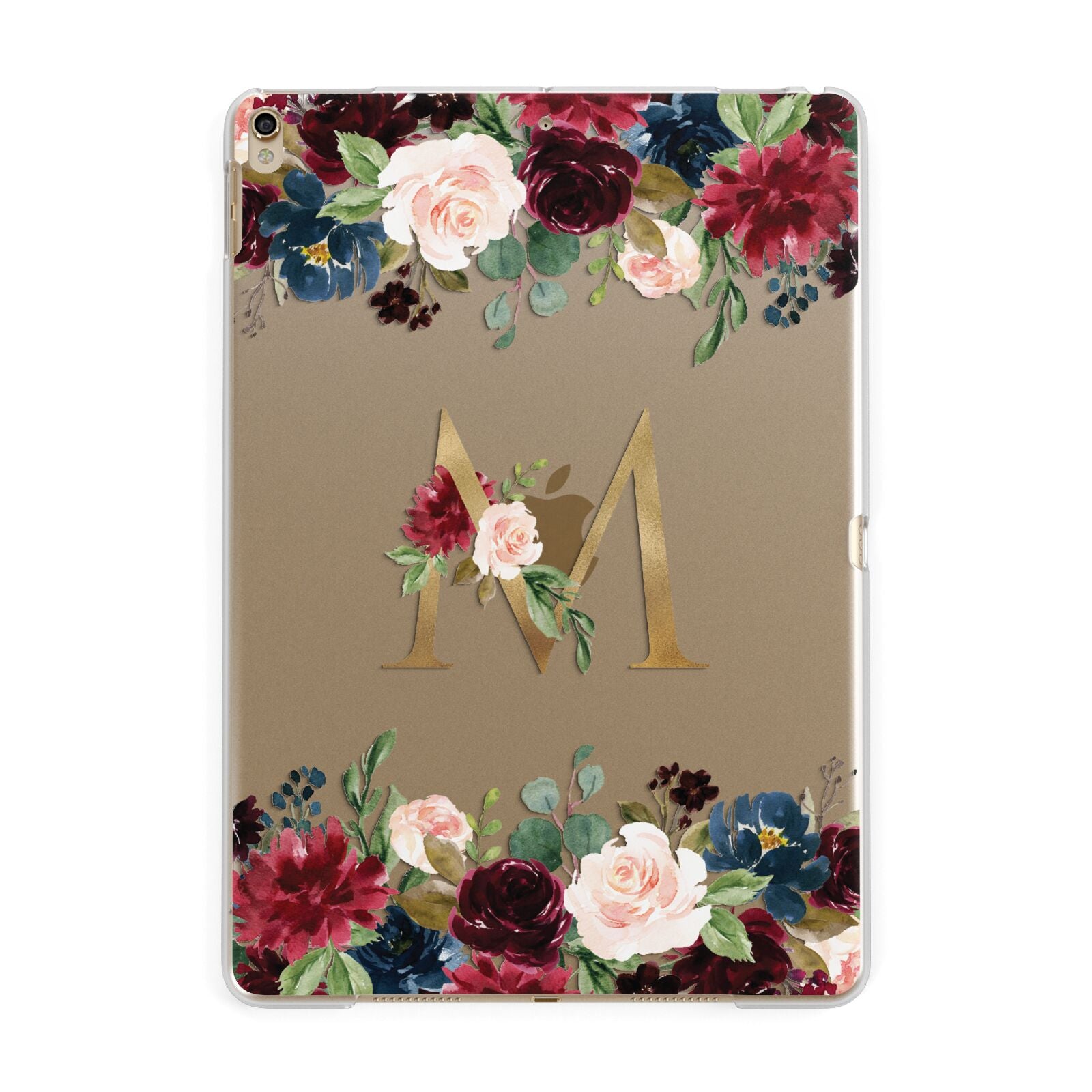 Personalised Clear Monogram Floral Apple iPad Gold Case
