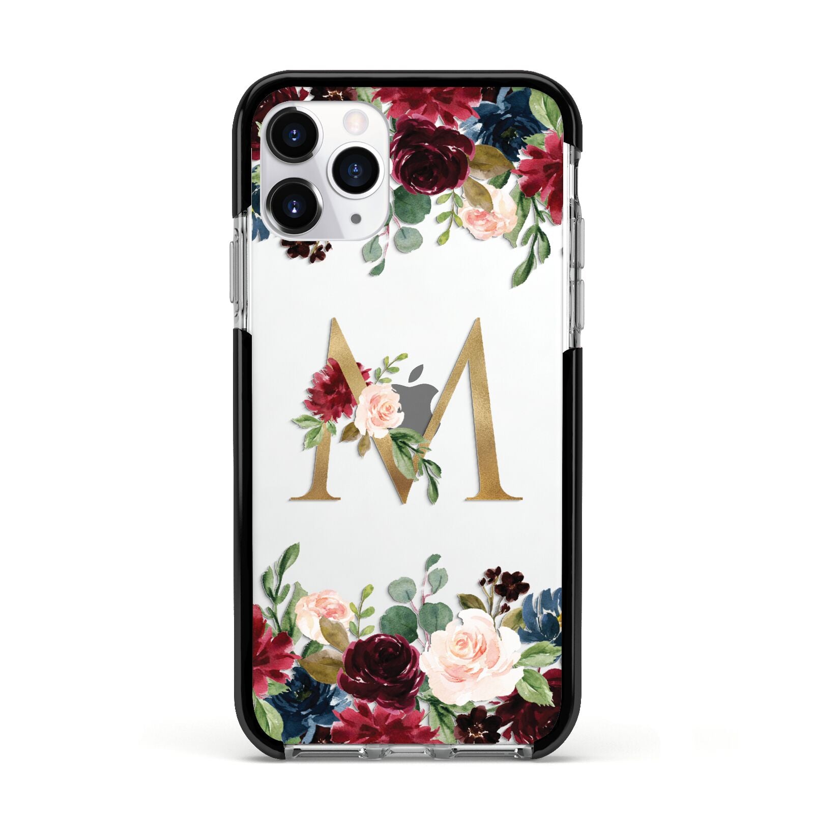 Personalised Clear Monogram Floral Apple iPhone 11 Pro in Silver with Black Impact Case