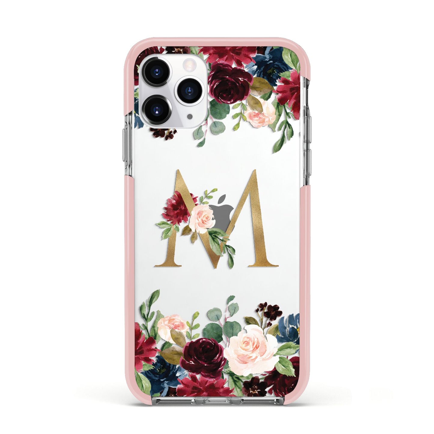 Personalised Clear Monogram Floral Apple iPhone 11 Pro in Silver with Pink Impact Case