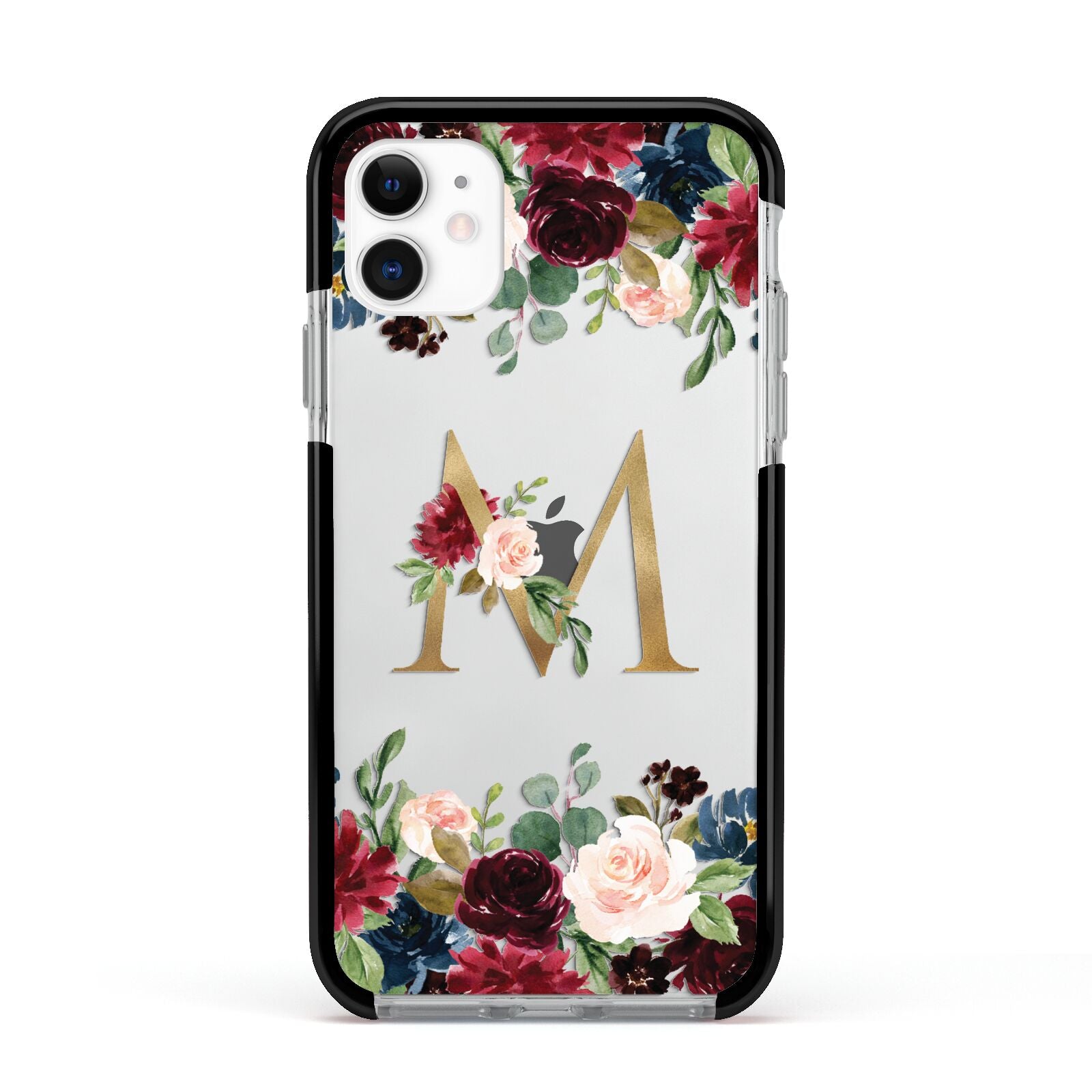 Personalised Clear Monogram Floral Apple iPhone 11 in White with Black Impact Case