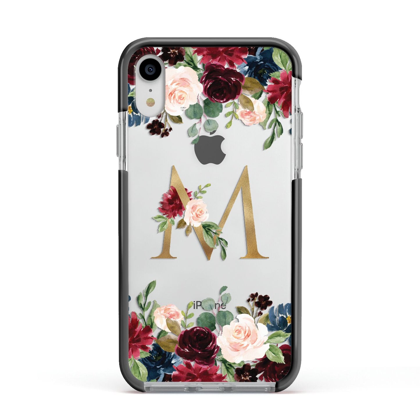 Personalised Clear Monogram Floral Apple iPhone XR Impact Case Black Edge on Silver Phone