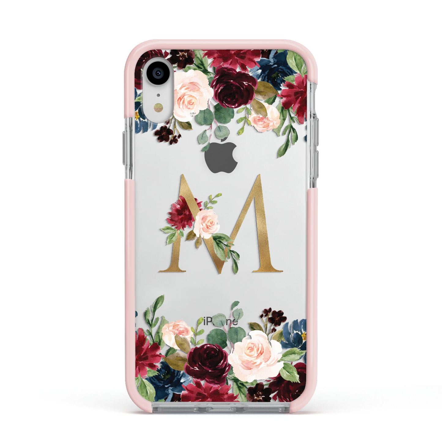 Personalised Clear Monogram Floral Apple iPhone XR Impact Case Pink Edge on Silver Phone