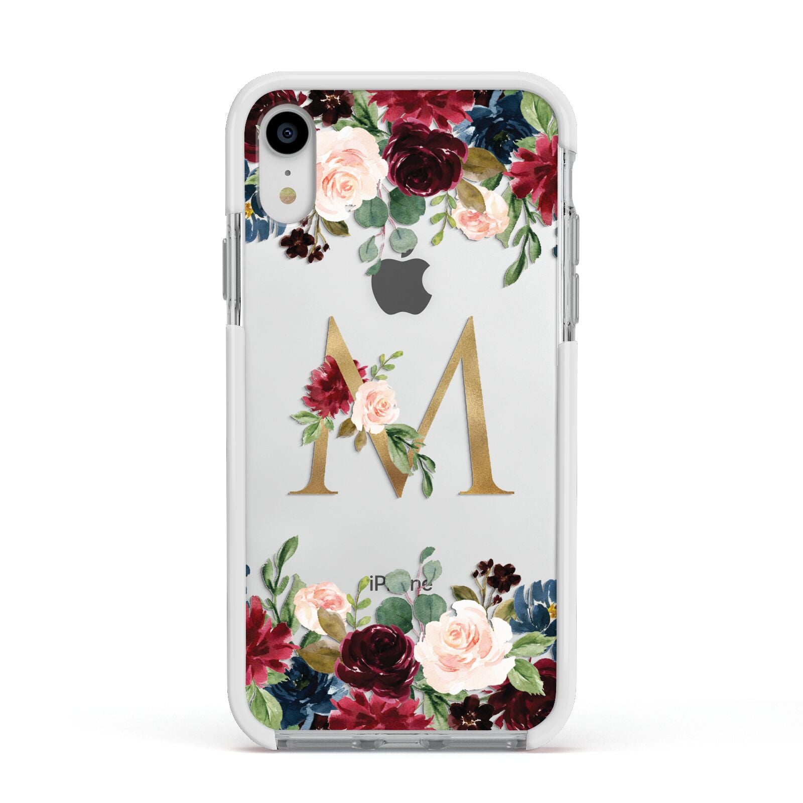 Personalised Clear Monogram Floral Apple iPhone XR Impact Case White Edge on Silver Phone