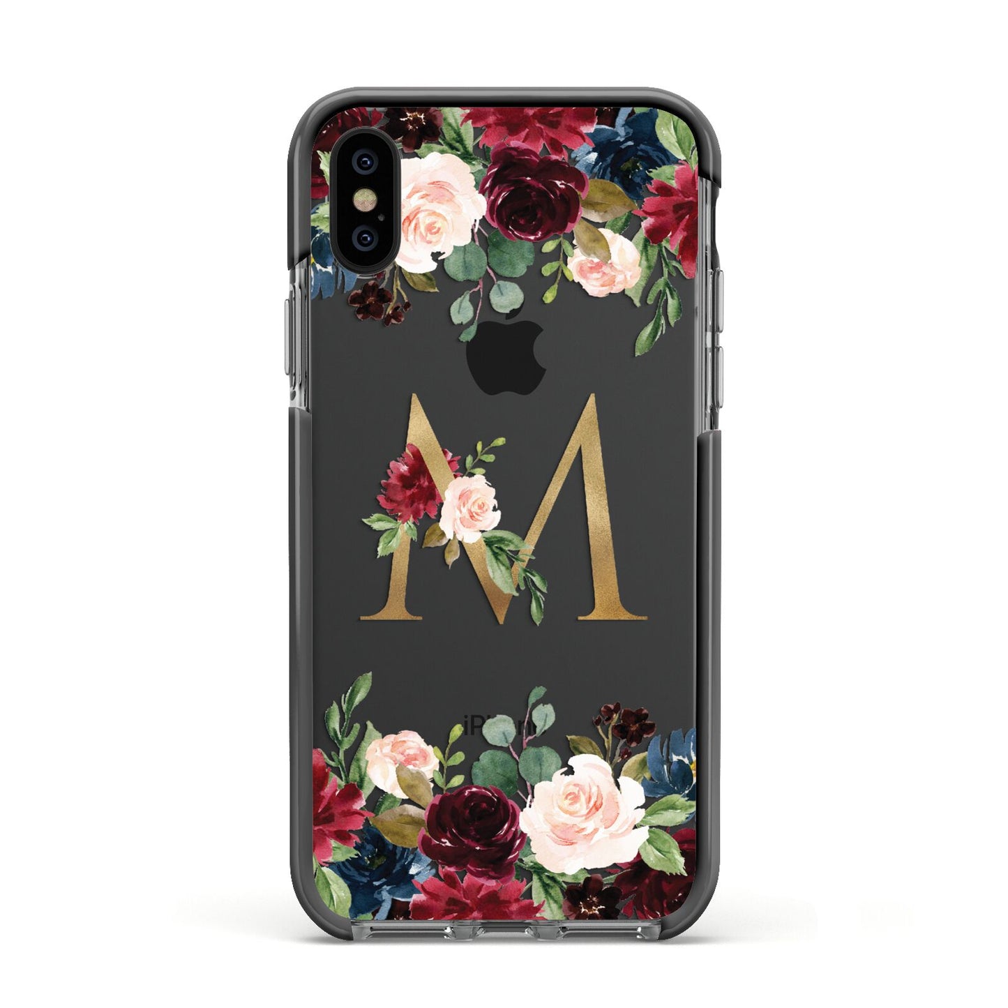 Personalised Clear Monogram Floral Apple iPhone Xs Impact Case Black Edge on Black Phone