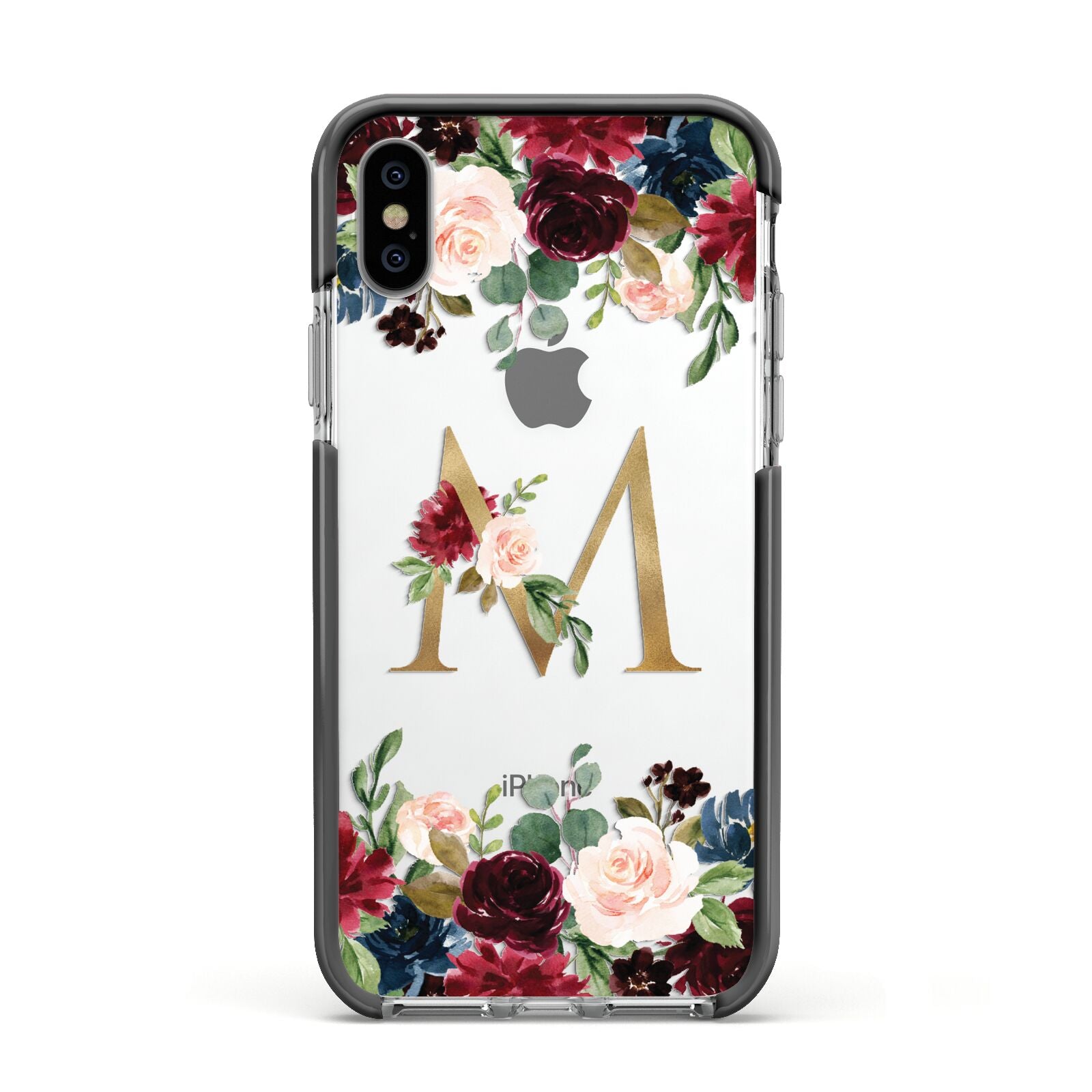 Personalised Clear Monogram Floral Apple iPhone Xs Impact Case Black Edge on Silver Phone