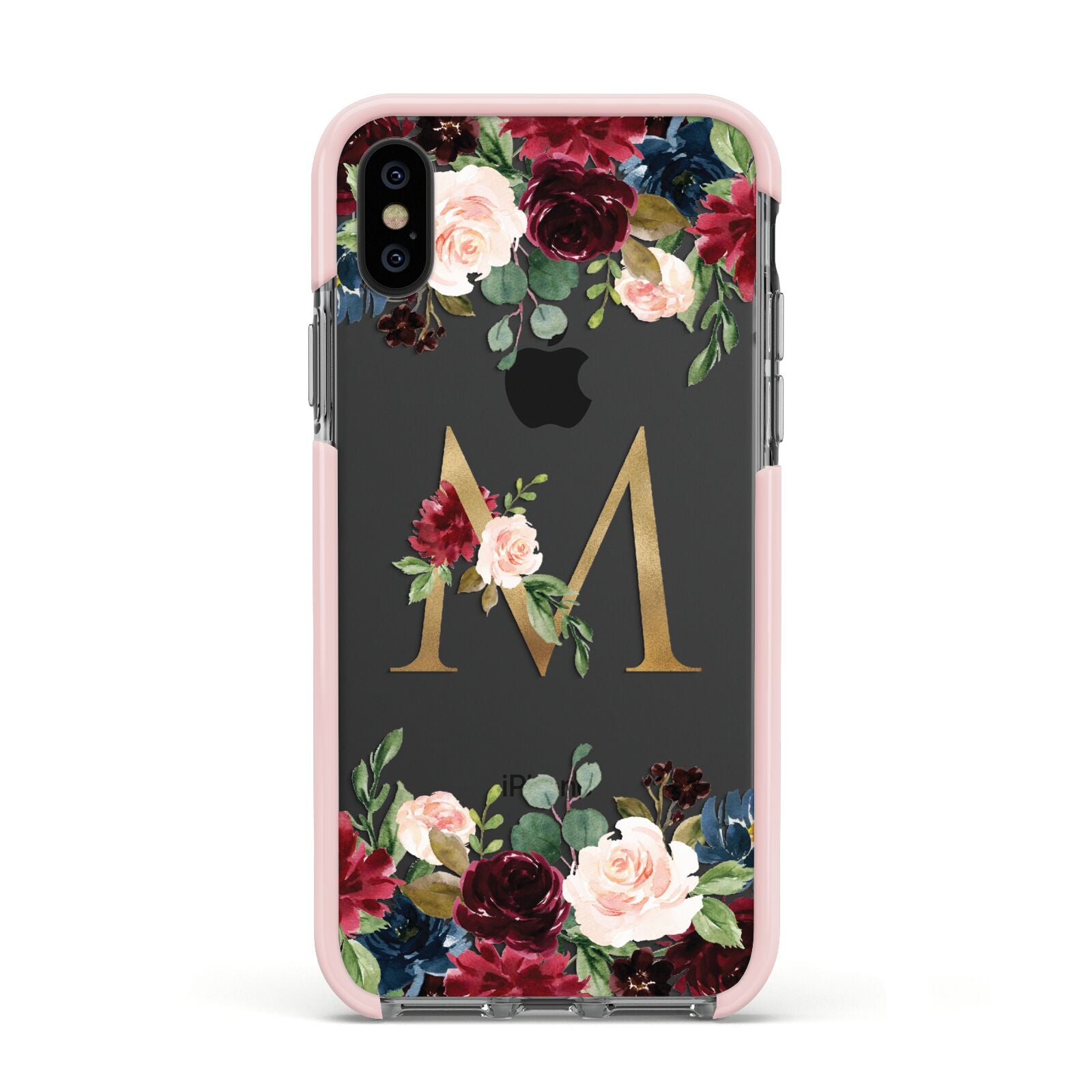 Personalised Clear Monogram Floral Apple iPhone Xs Impact Case Pink Edge on Black Phone