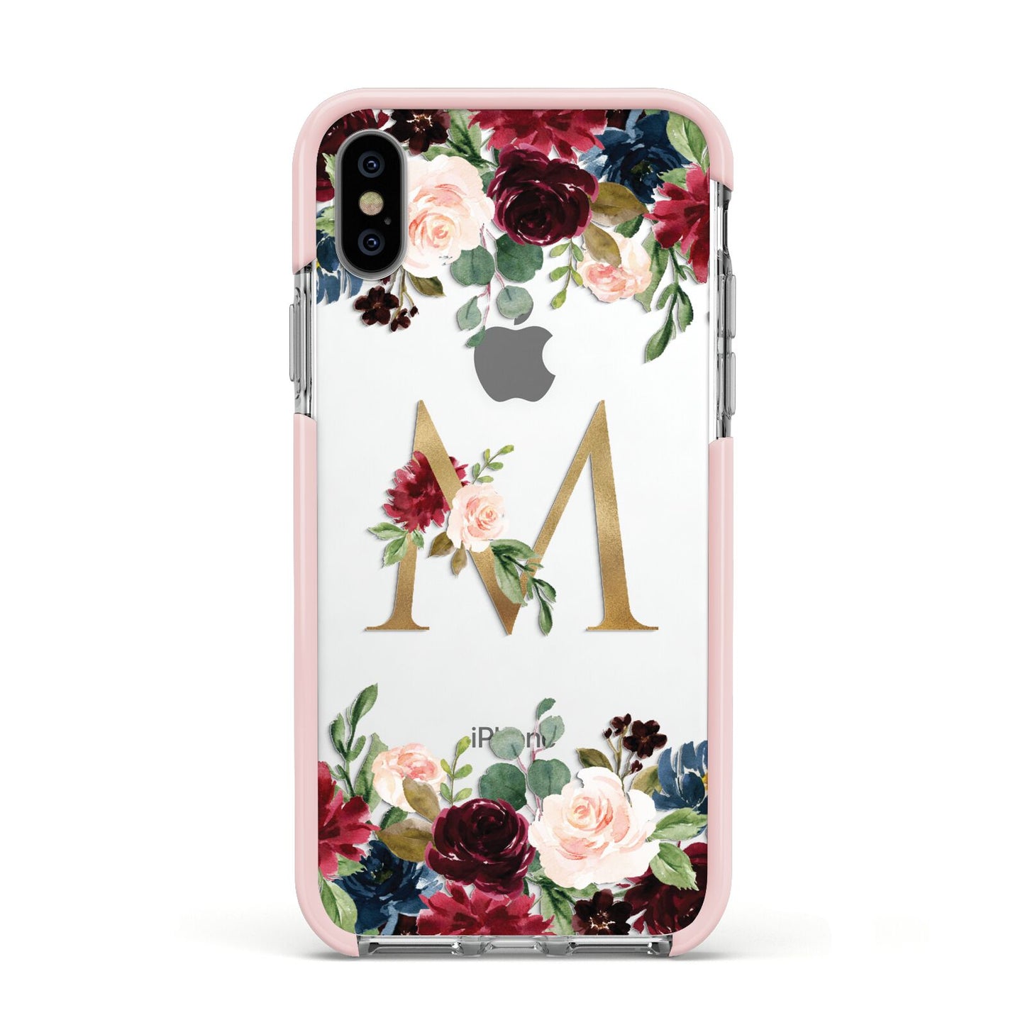 Personalised Clear Monogram Floral Apple iPhone Xs Impact Case Pink Edge on Silver Phone