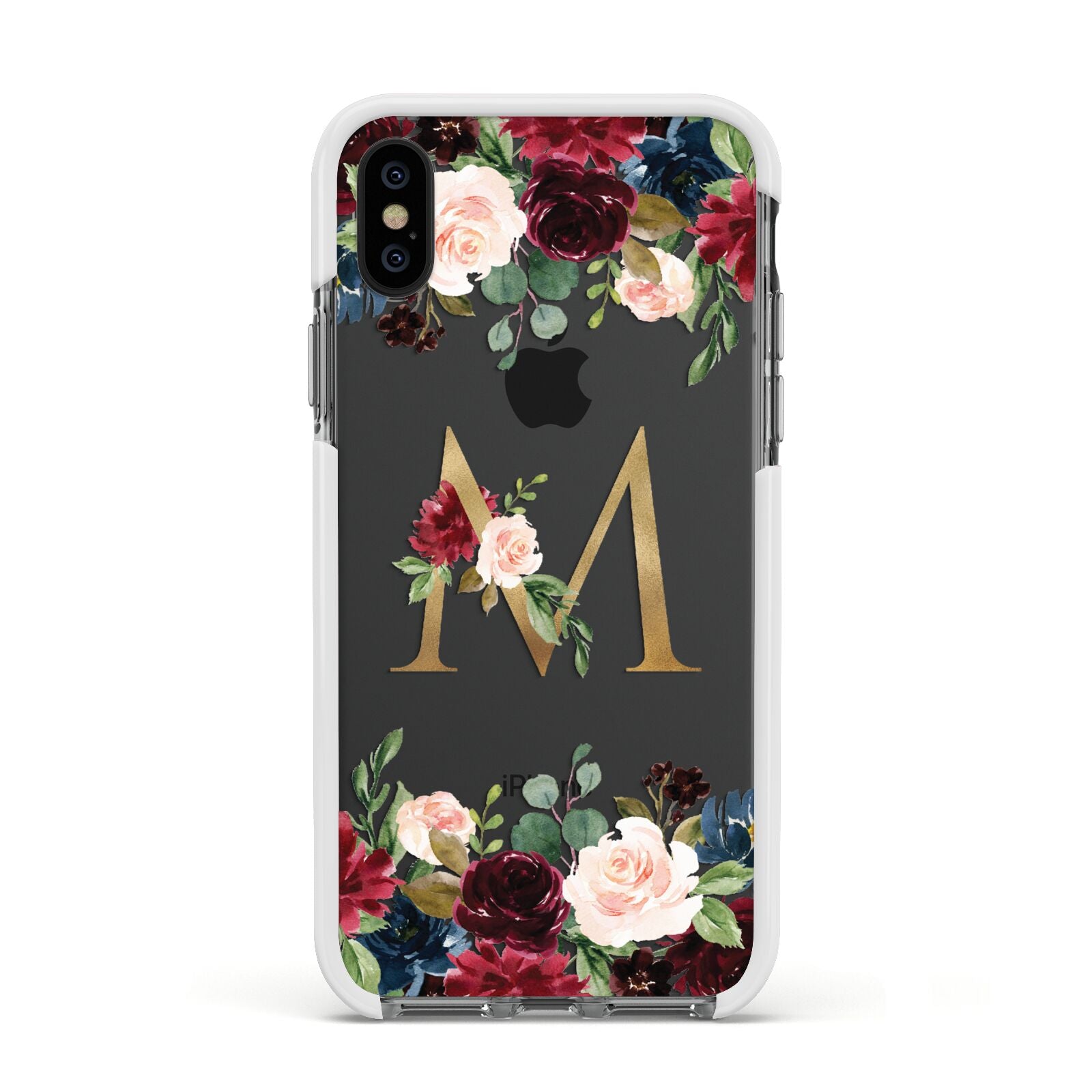 Personalised Clear Monogram Floral Apple iPhone Xs Impact Case White Edge on Black Phone
