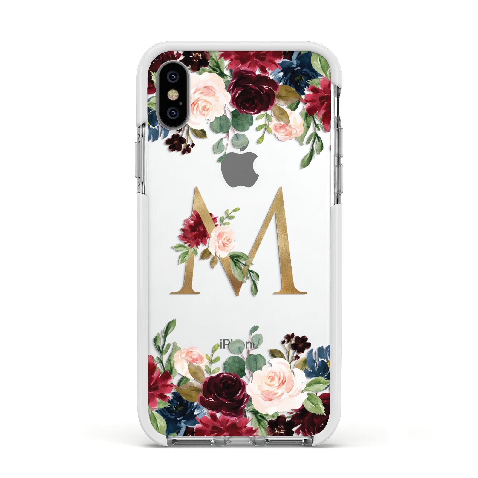 Personalised Clear Monogram Floral Apple iPhone Xs Impact Case White Edge on Silver Phone
