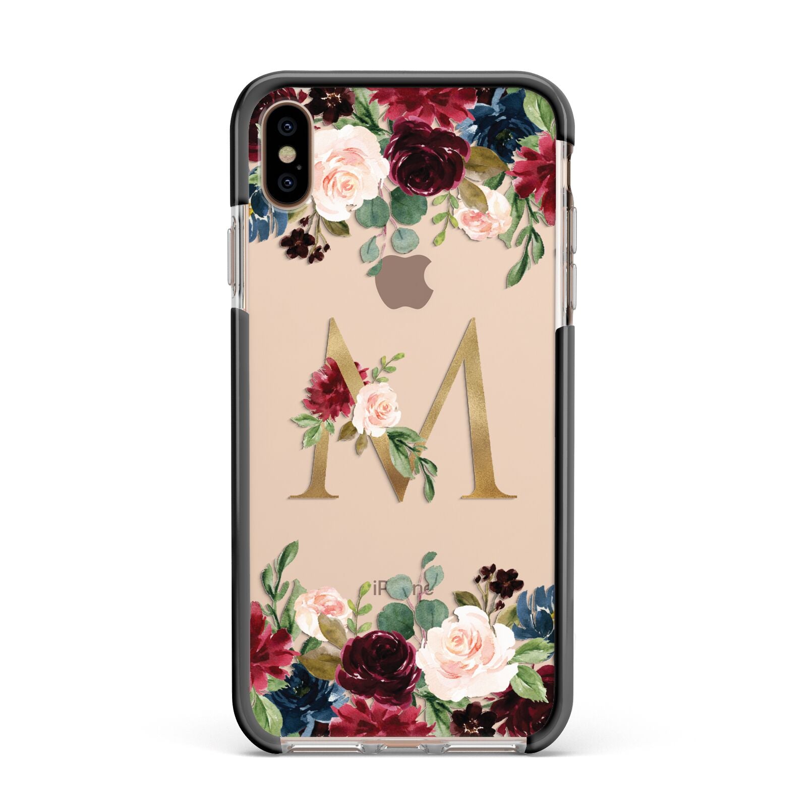 Personalised Clear Monogram Floral Apple iPhone Xs Max Impact Case Black Edge on Gold Phone