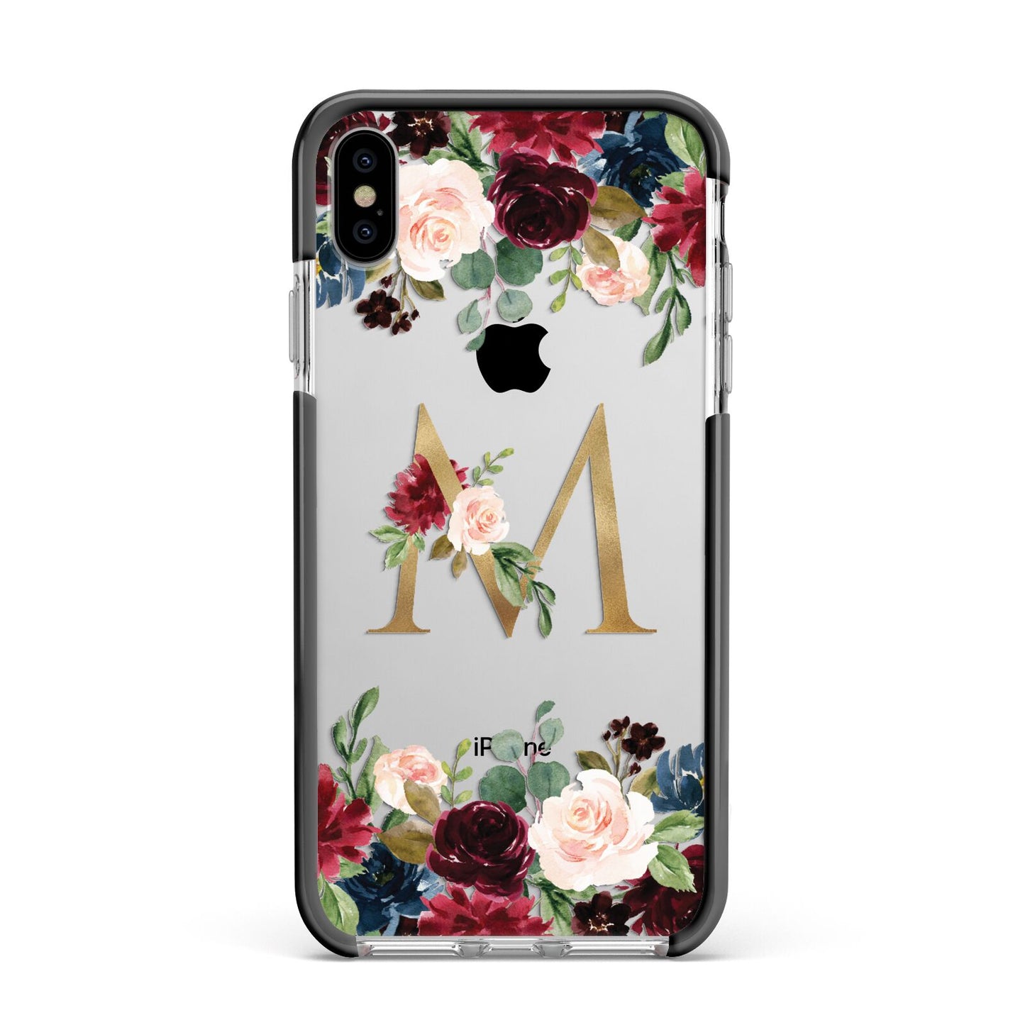 Personalised Clear Monogram Floral Apple iPhone Xs Max Impact Case Black Edge on Silver Phone