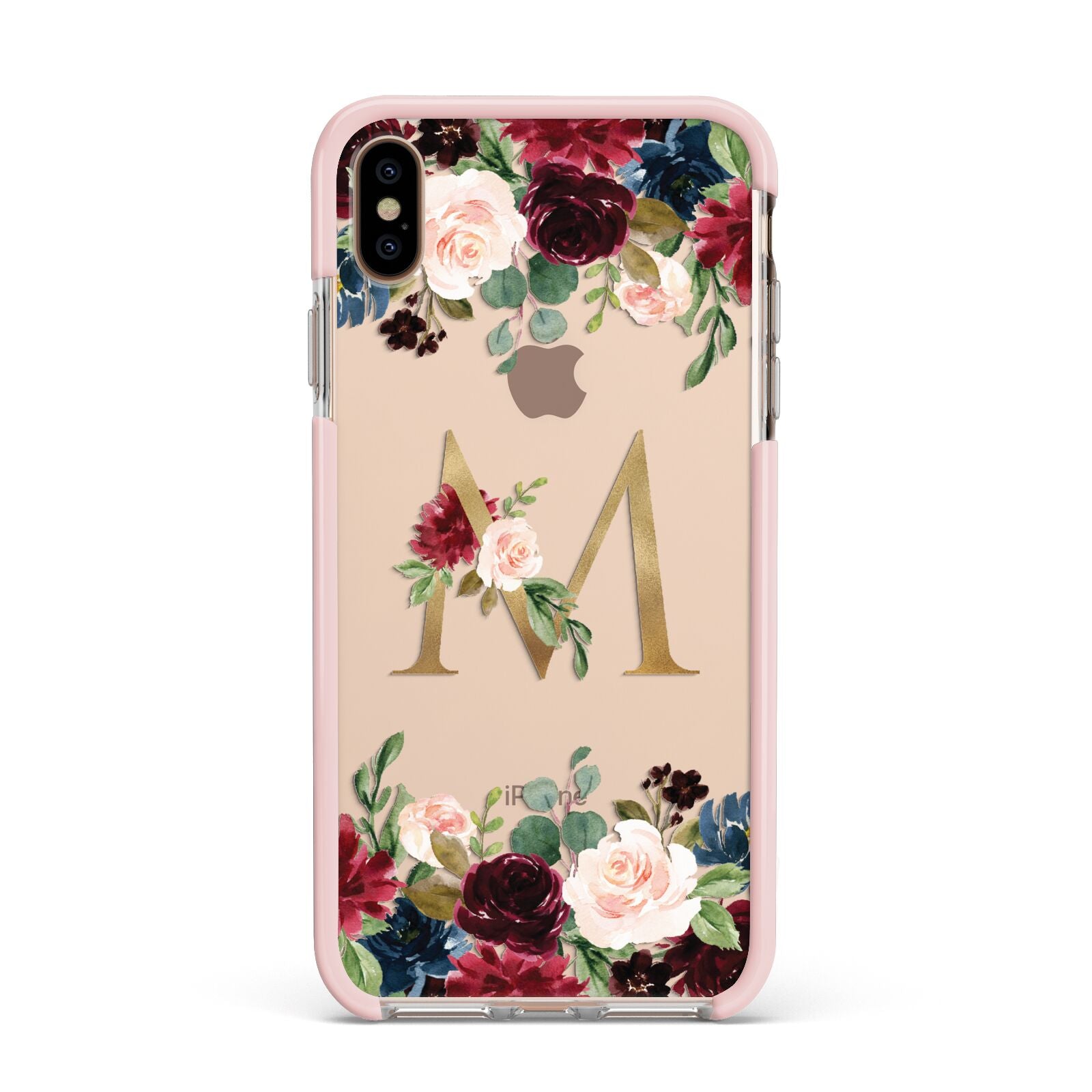 Personalised Clear Monogram Floral Apple iPhone Xs Max Impact Case Pink Edge on Gold Phone
