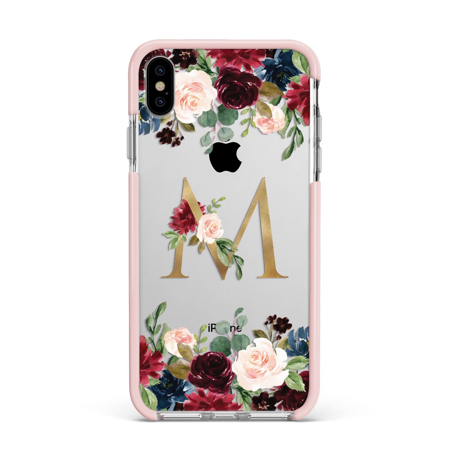 Personalised Clear Monogram Floral Apple iPhone Xs Max Impact Case Pink Edge on Silver Phone