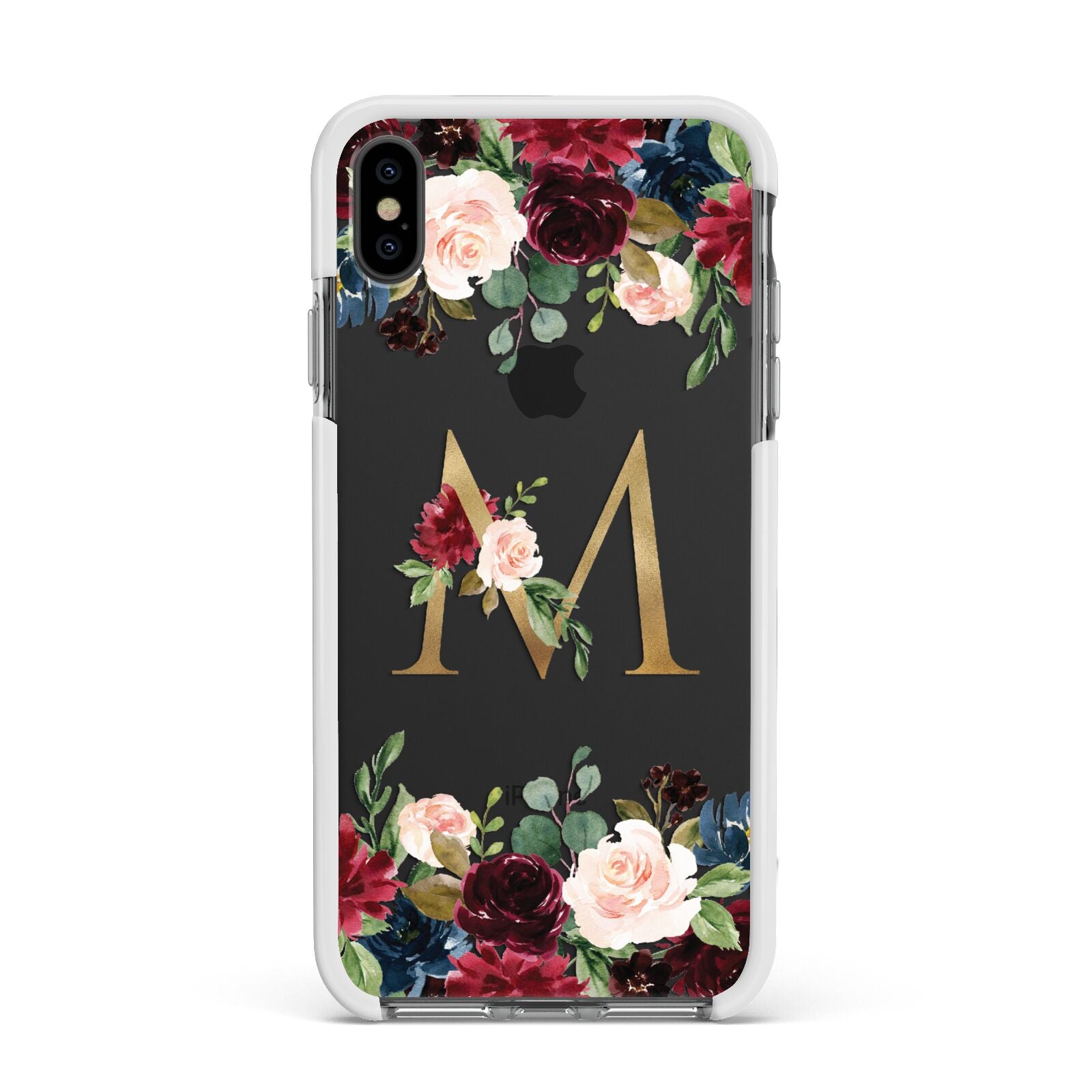 Personalised Clear Monogram Floral Apple iPhone Xs Max Impact Case White Edge on Black Phone