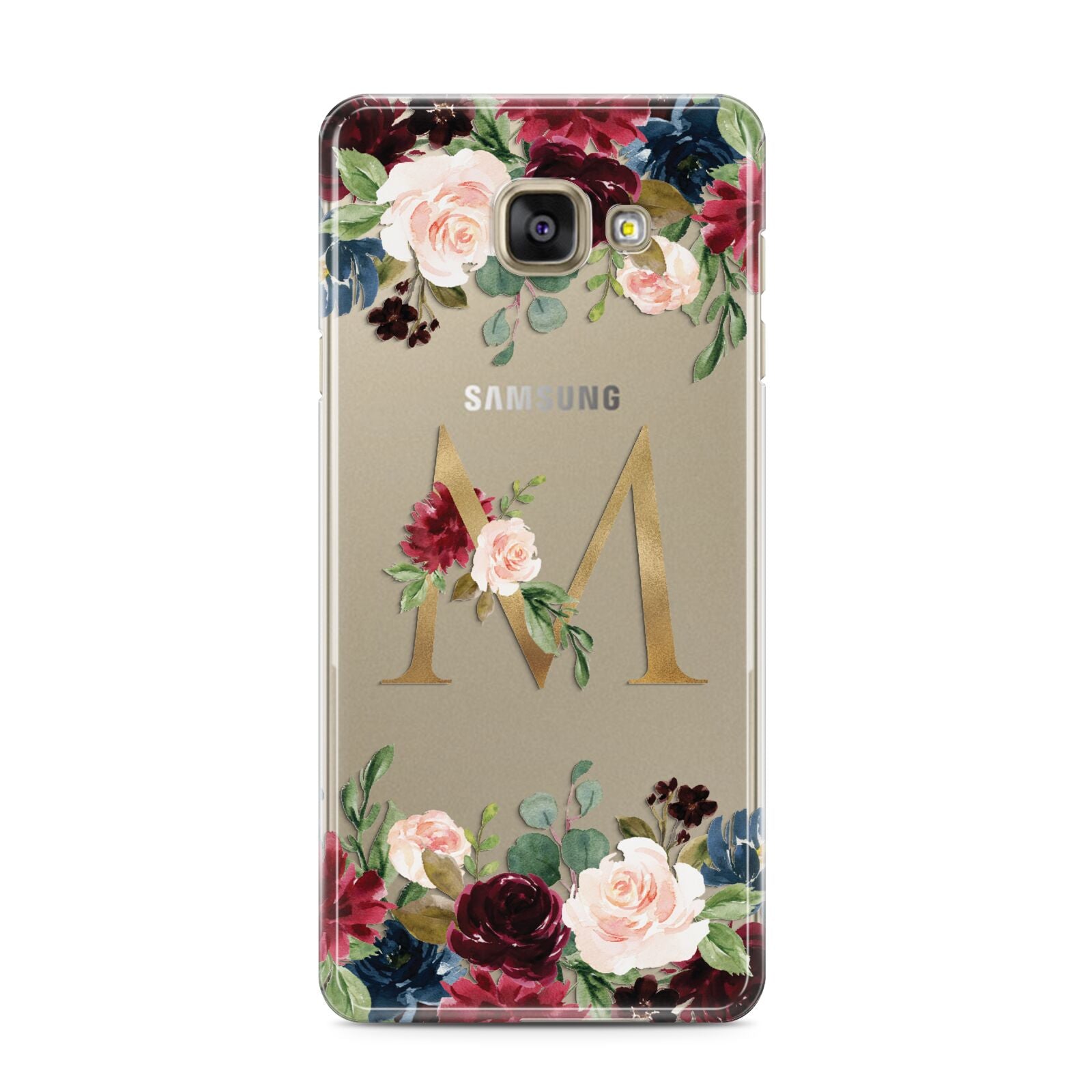 Personalised Clear Monogram Floral Samsung Galaxy A3 2016 Case on gold phone