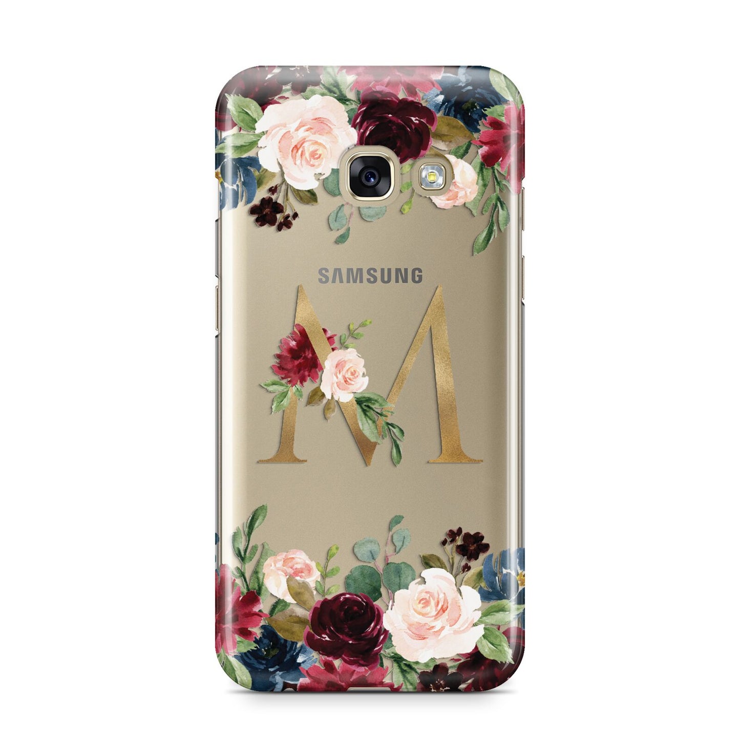 Personalised Clear Monogram Floral Samsung Galaxy A3 2017 Case on gold phone