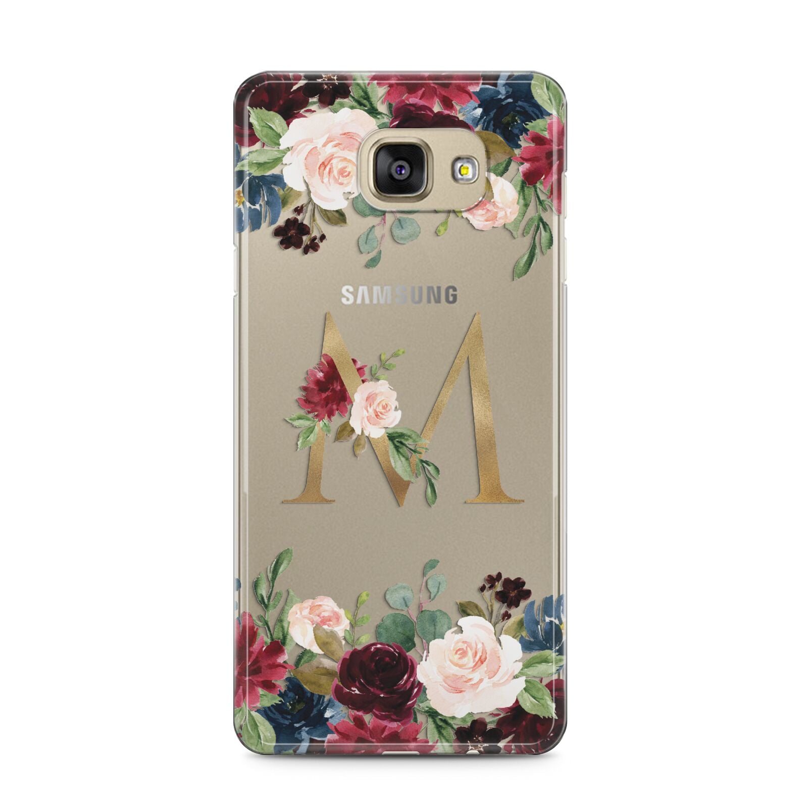 Personalised Clear Monogram Floral Samsung Galaxy A5 2016 Case on gold phone