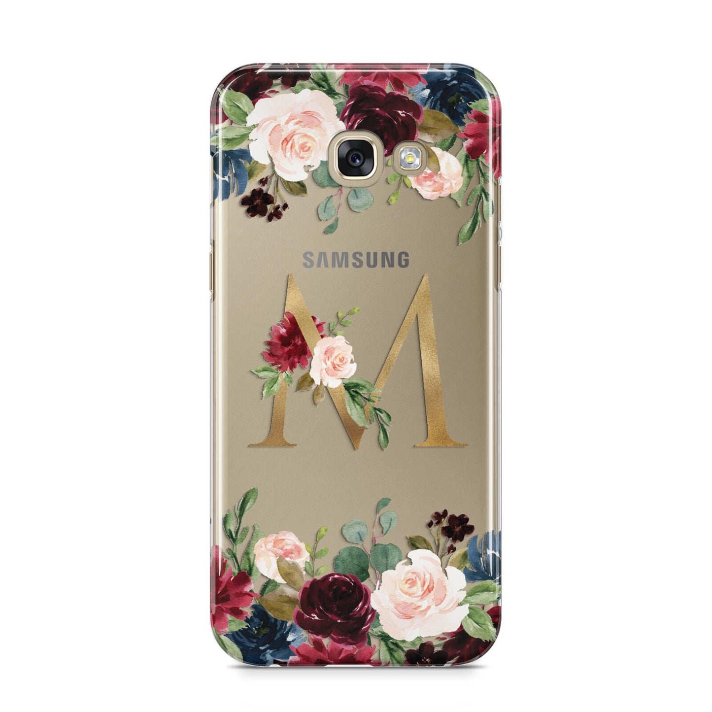 Personalised Clear Monogram Floral Samsung Galaxy A5 2017 Case on gold phone