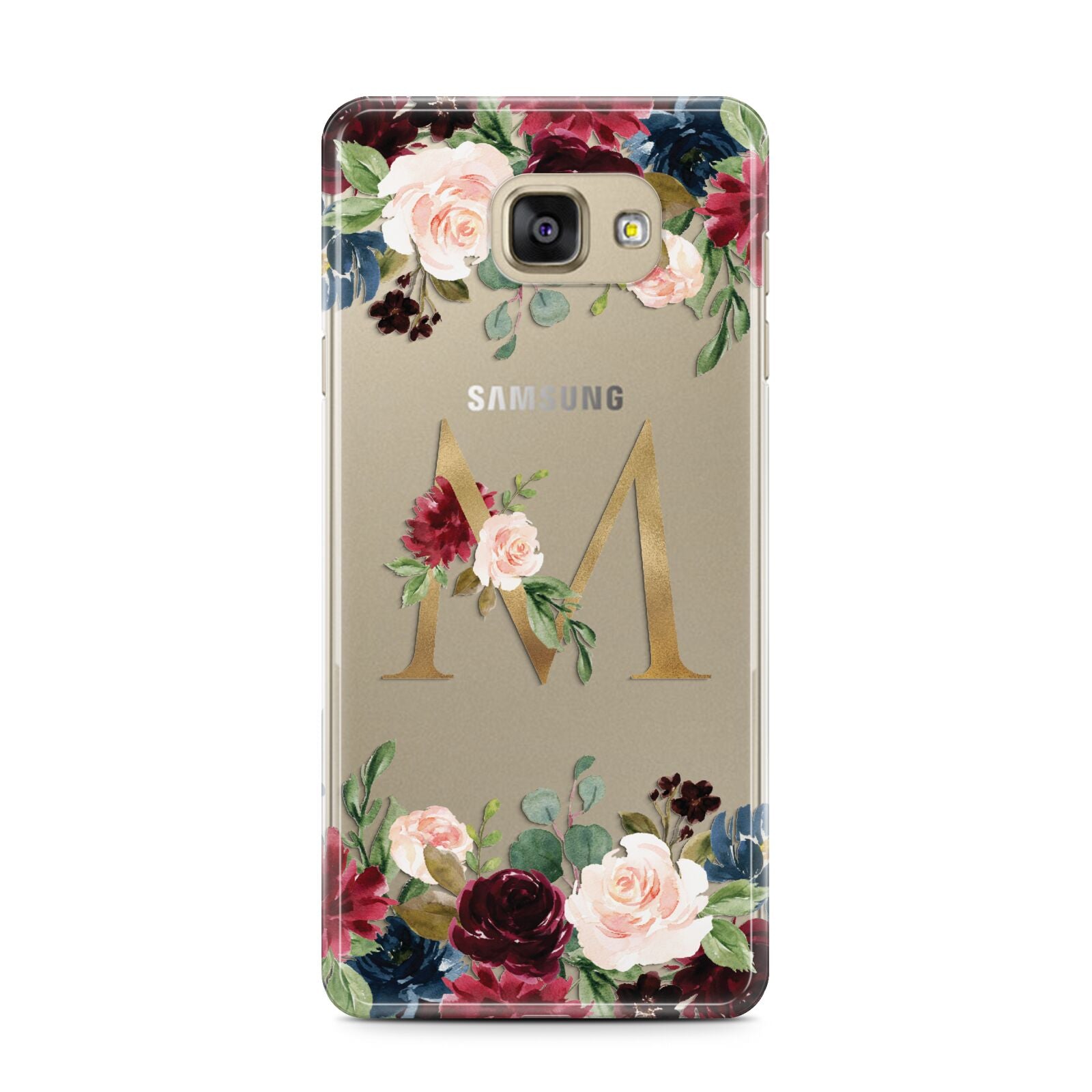 Personalised Clear Monogram Floral Samsung Galaxy A7 2016 Case on gold phone