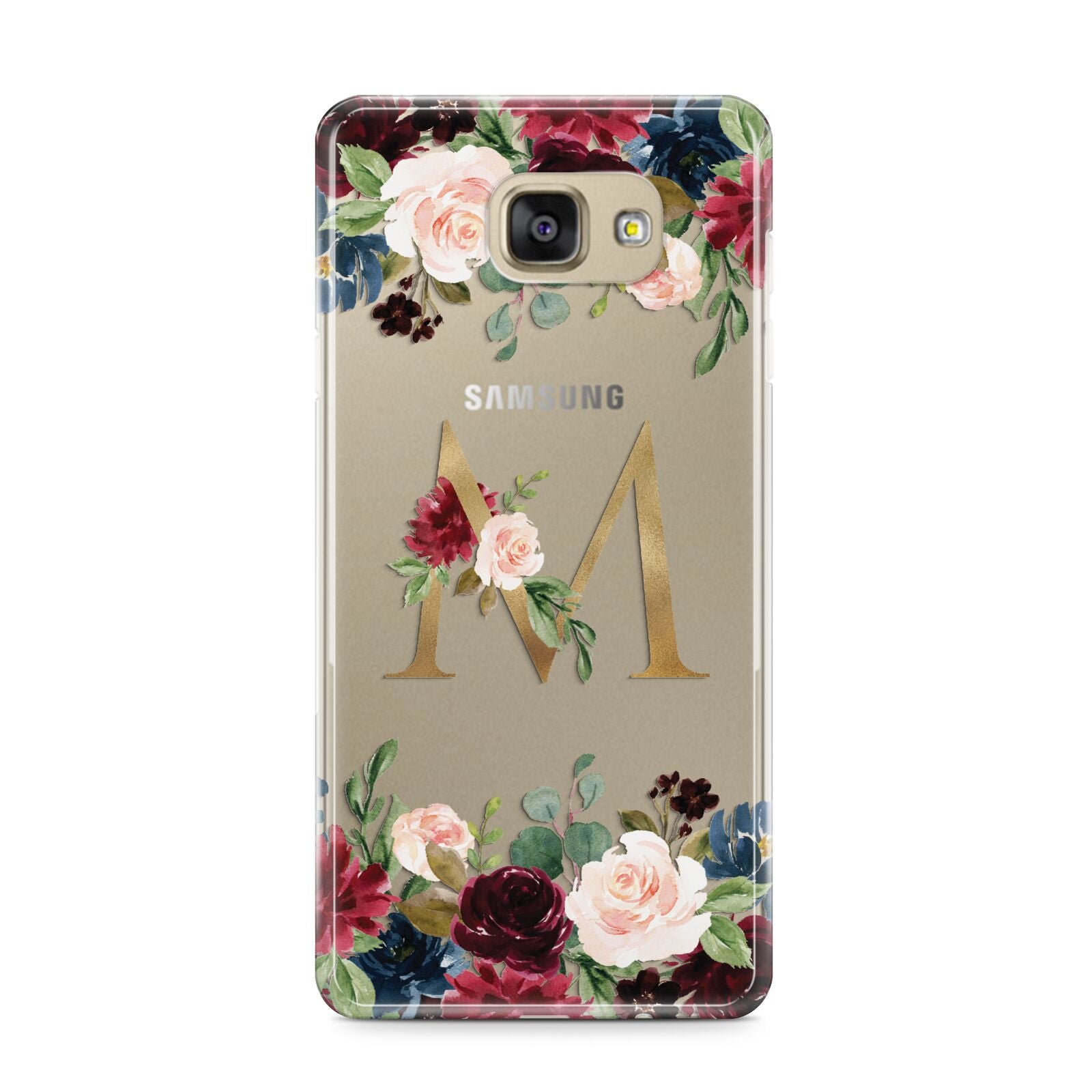 Personalised Clear Monogram Floral Samsung Galaxy A9 2016 Case on gold phone
