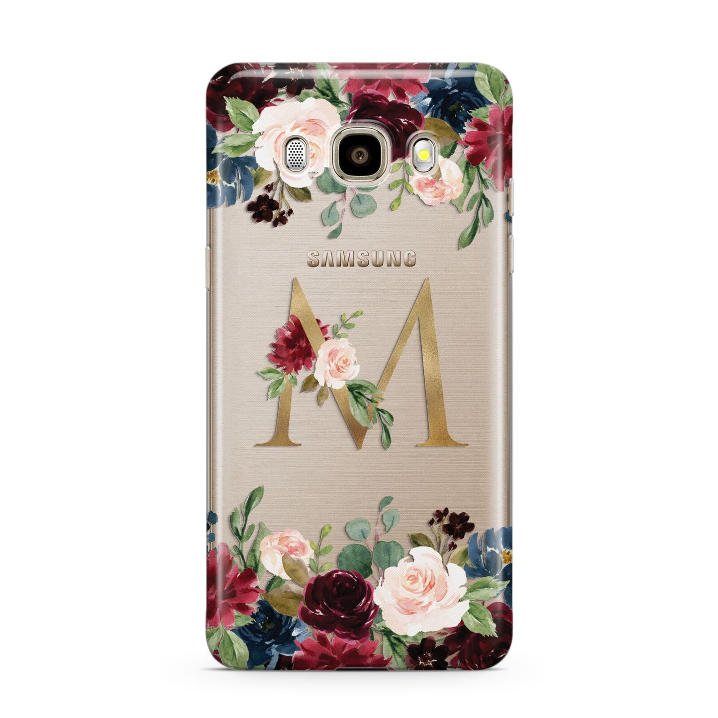 Personalised Clear Monogram Floral Samsung Galaxy J7 2016 Case on gold phone