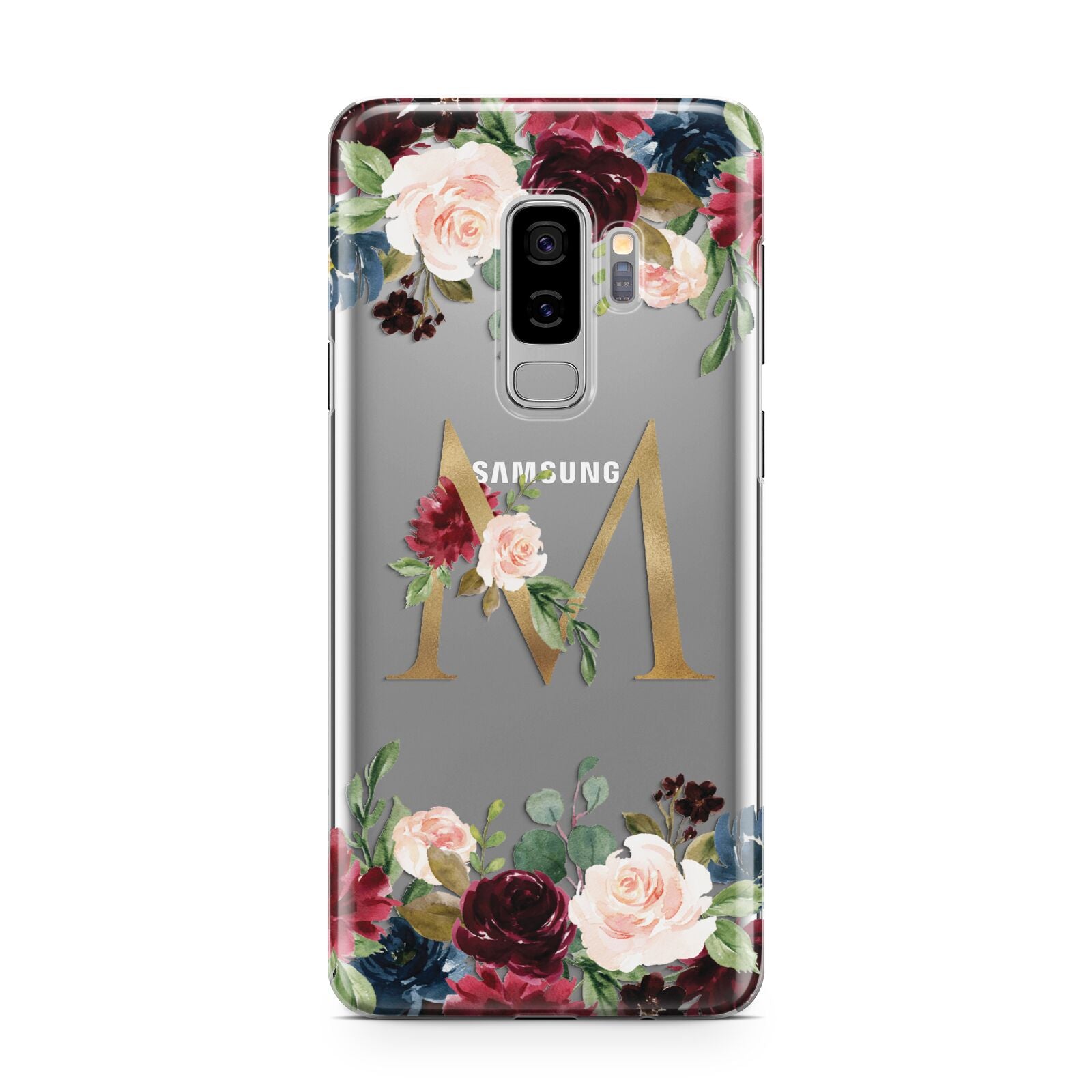 Personalised Clear Monogram Floral Samsung Galaxy S9 Plus Case on Silver phone