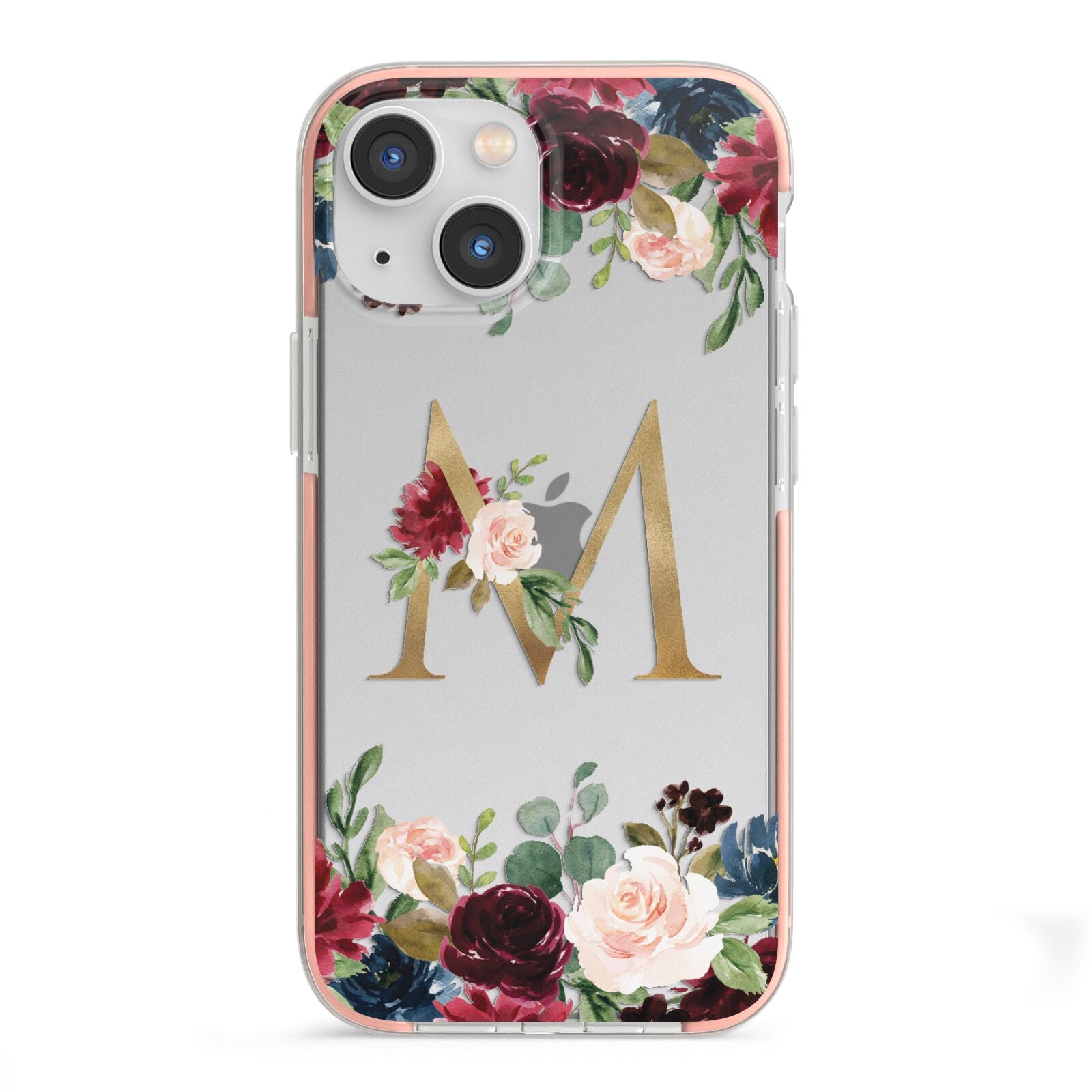 Personalised Clear Monogram Floral iPhone 13 Mini TPU Impact Case with Pink Edges