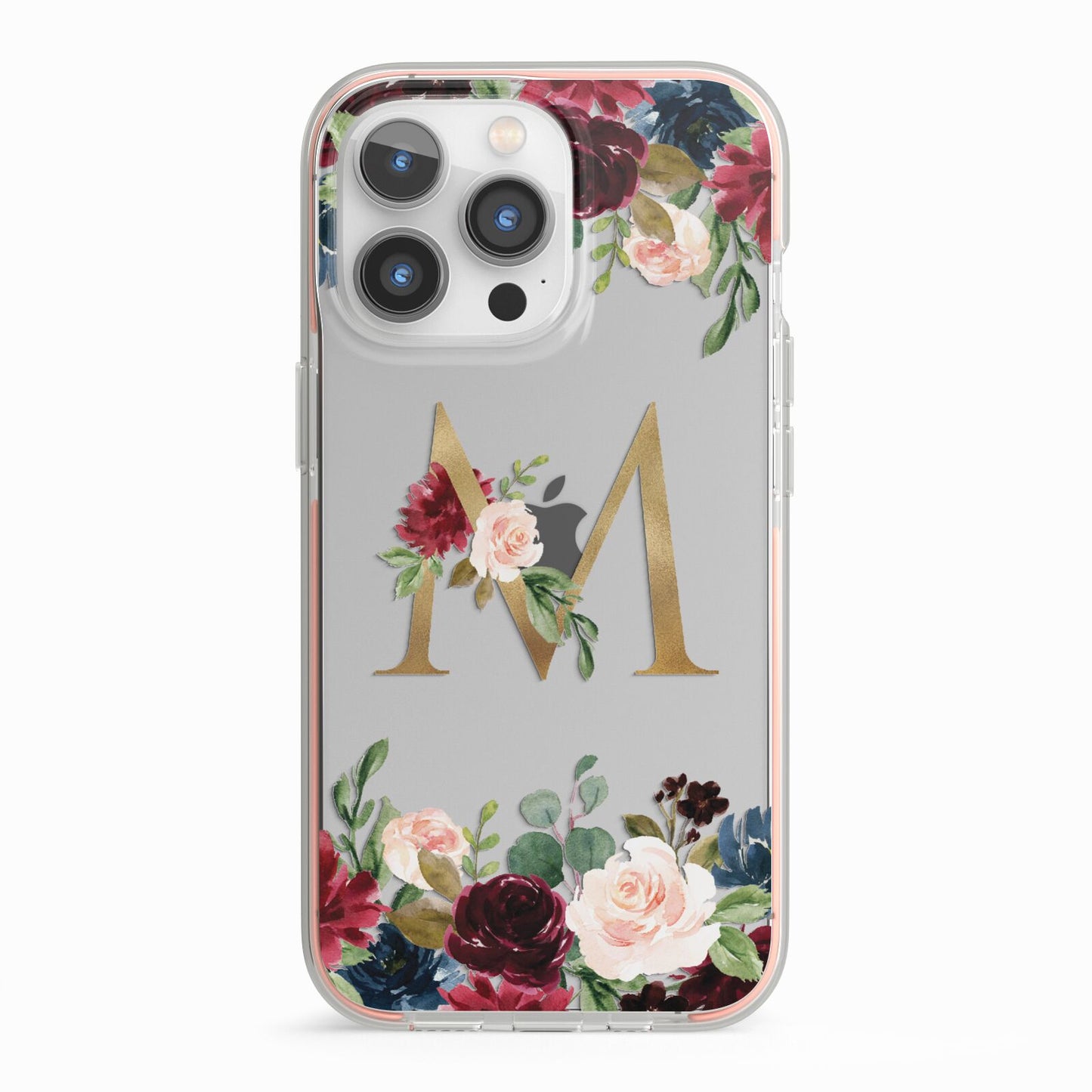 Personalised Clear Monogram Floral iPhone 13 Pro TPU Impact Case with Pink Edges