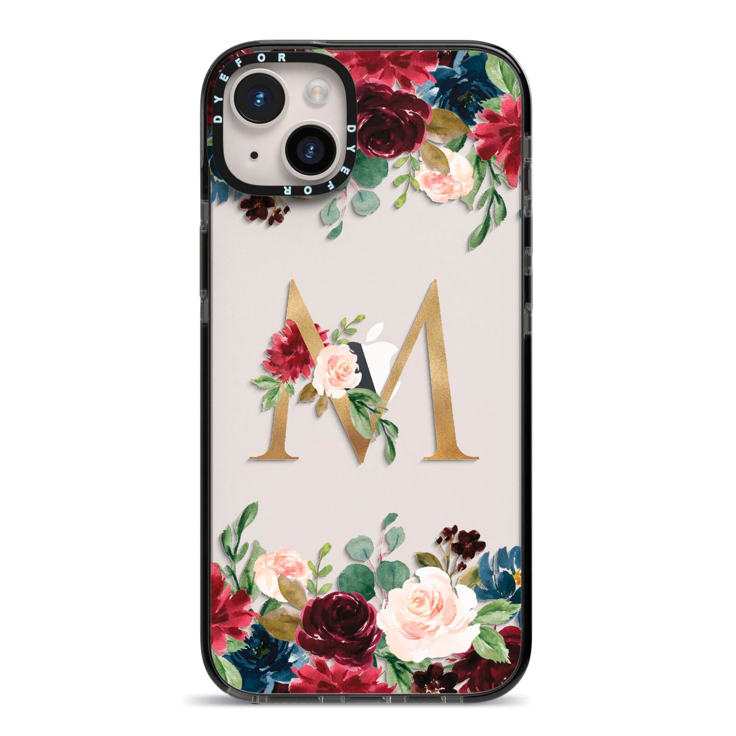 Personalised Clear Monogram Floral iPhone 14 Plus Black Impact Case on Silver phone