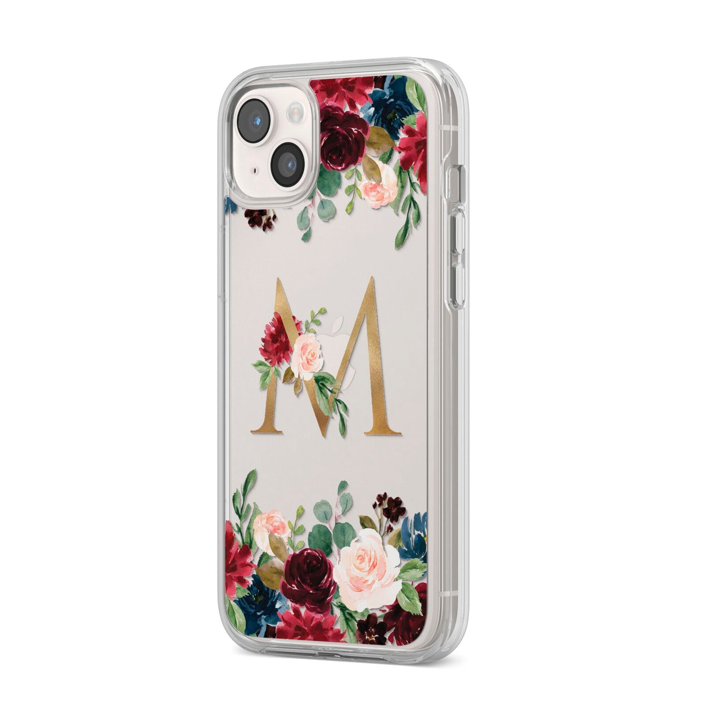 Personalised Clear Monogram Floral iPhone 14 Plus Clear Tough Case Starlight Angled Image