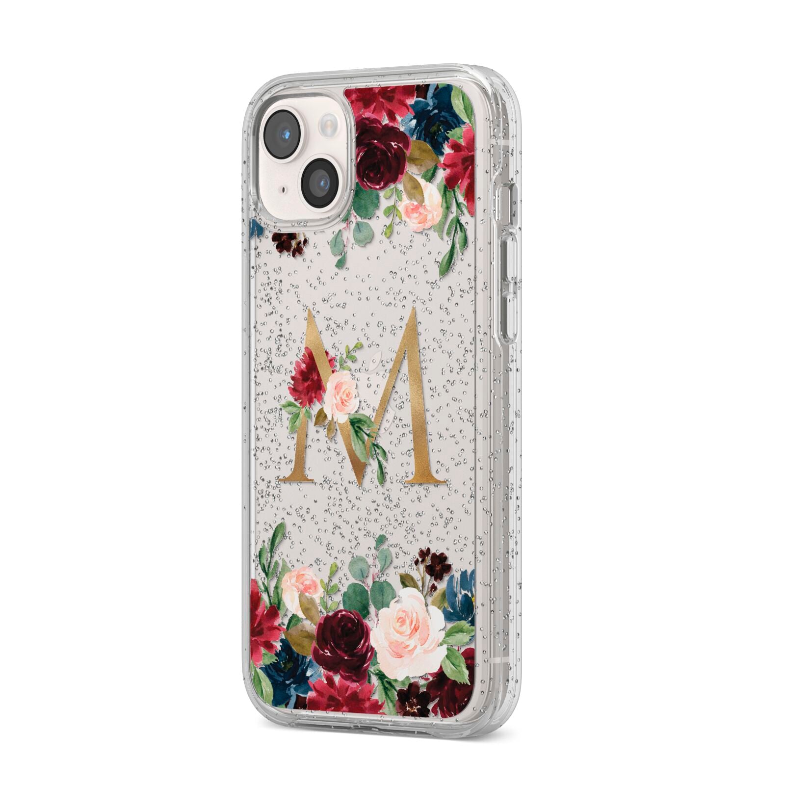 Personalised Clear Monogram Floral iPhone 14 Plus Glitter Tough Case Starlight Angled Image