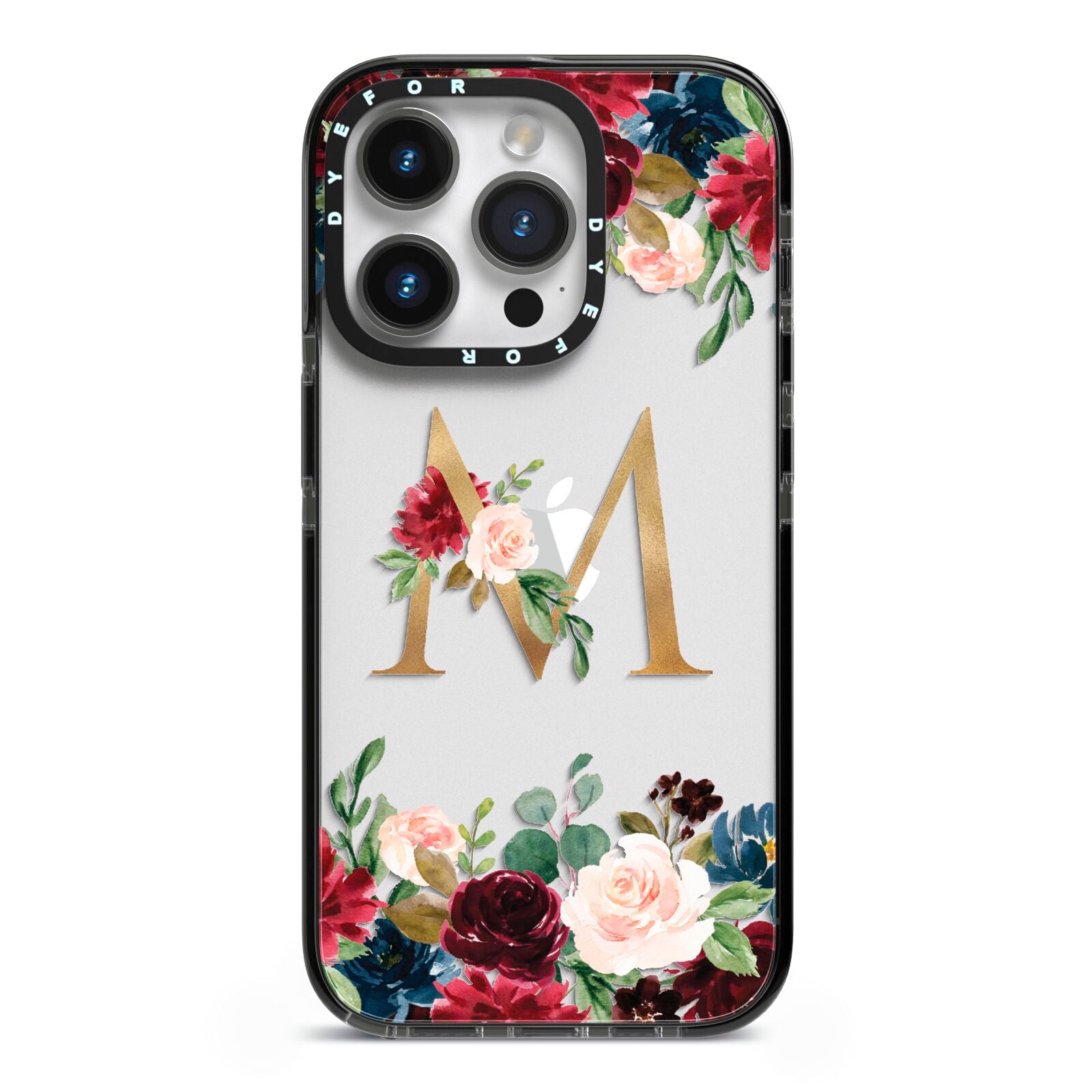 Personalised Clear Monogram Floral iPhone 14 Pro Black Impact Case on Silver phone