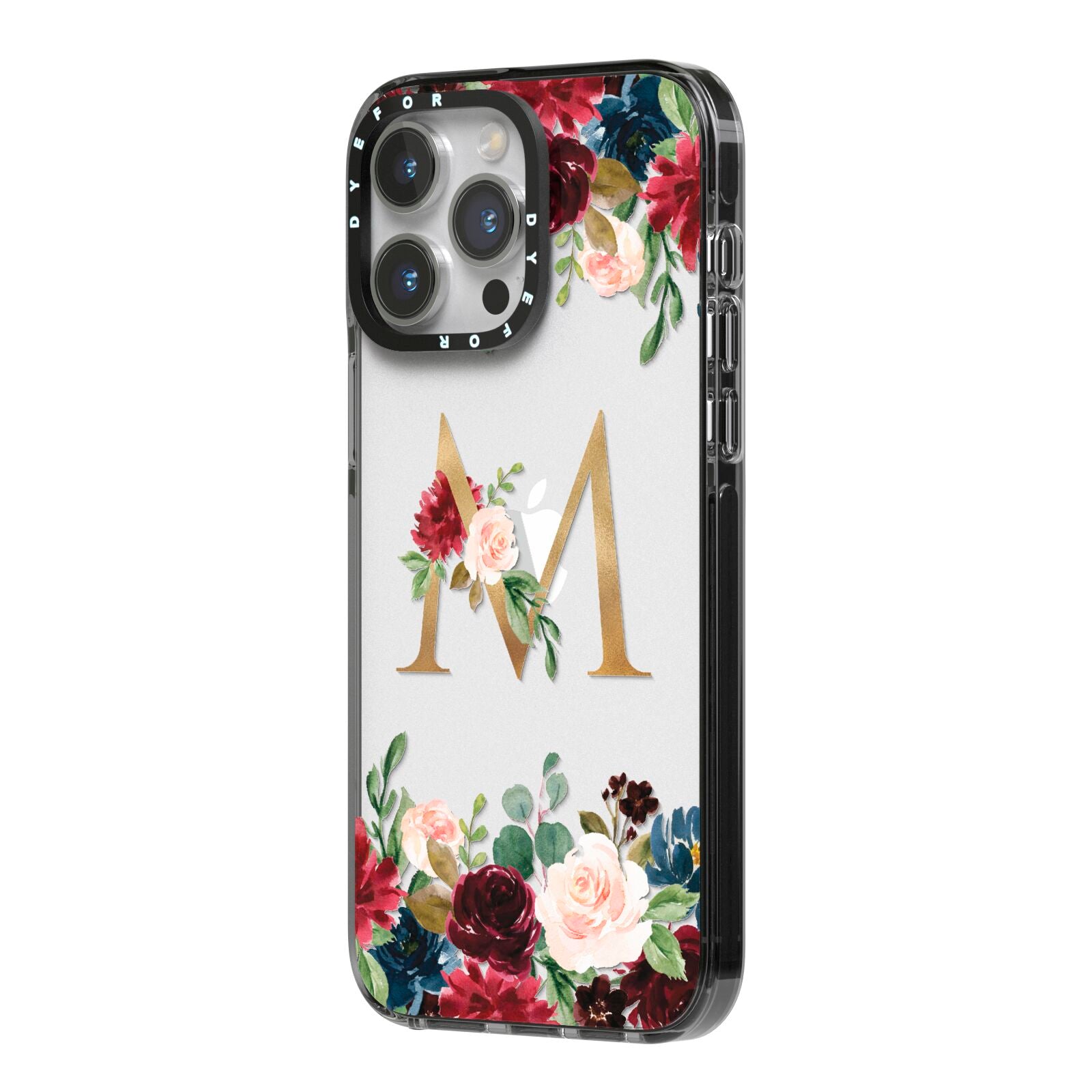 Personalised Clear Monogram Floral iPhone 14 Pro Max Black Impact Case Side Angle on Silver phone